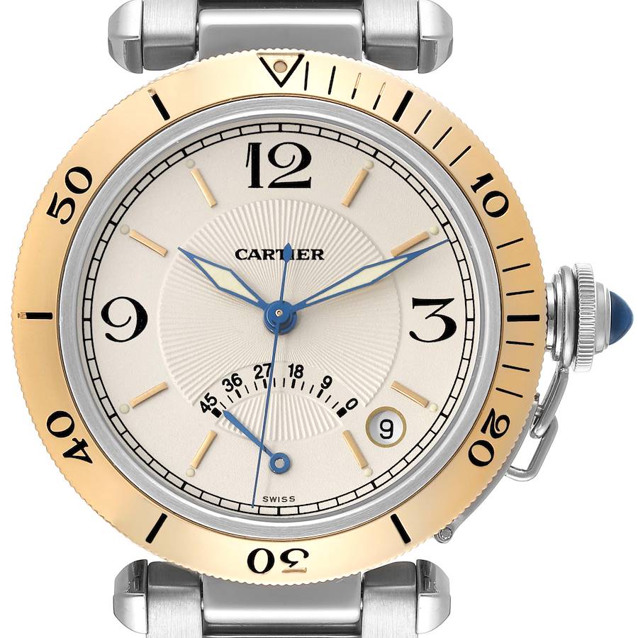 Cartier Pasha Power Reserve Mens Steel and Gold Watch W3101255 Box Papers SwissWatchExpo