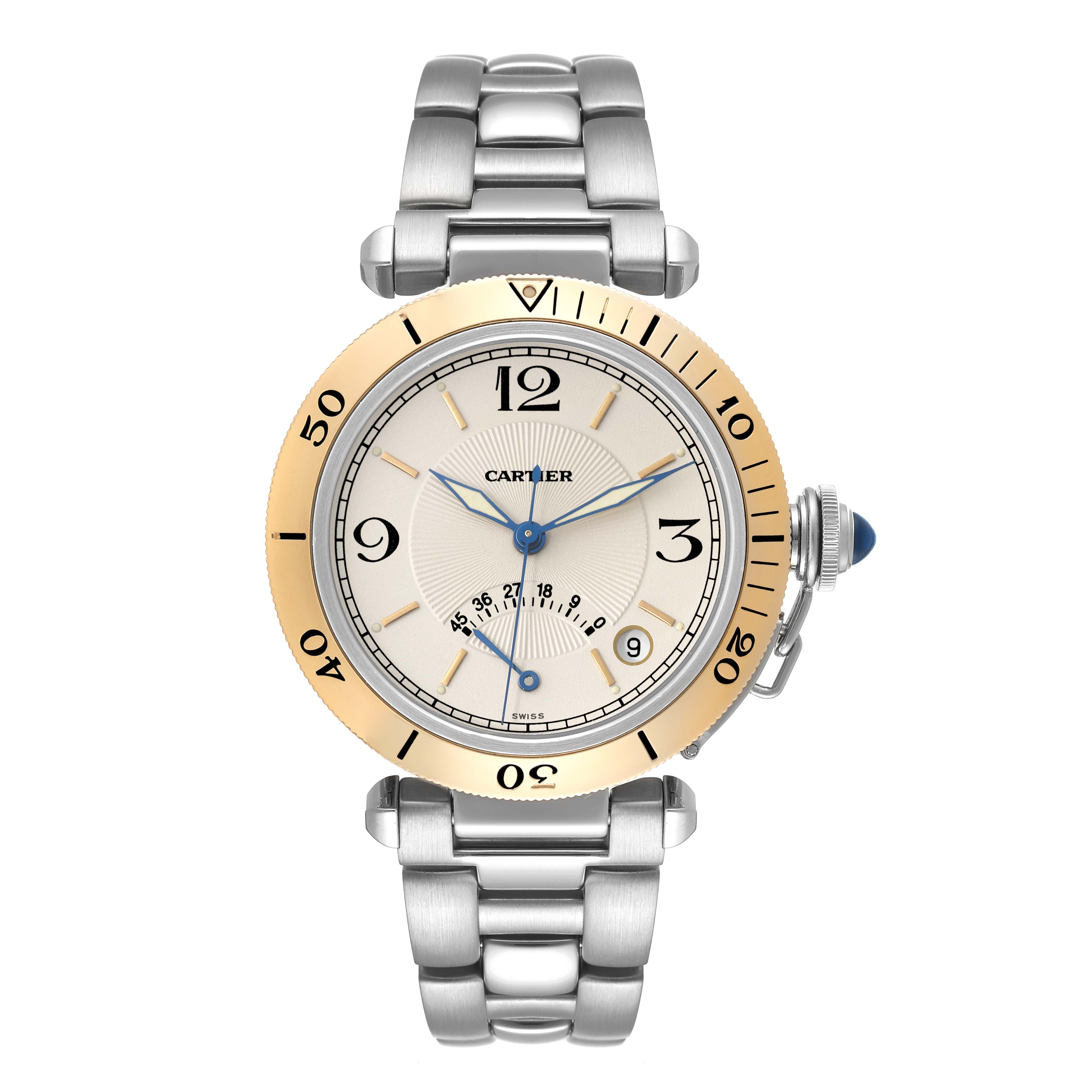 The image shows a front view of a Cartier Pasha W3101255 Men
s Steel and Gold (two tone) Silver Dial W3101255 Men
s Steel and Gold (two tone) Silver Dial watch, highlighting the face, bezel, and bracelet.