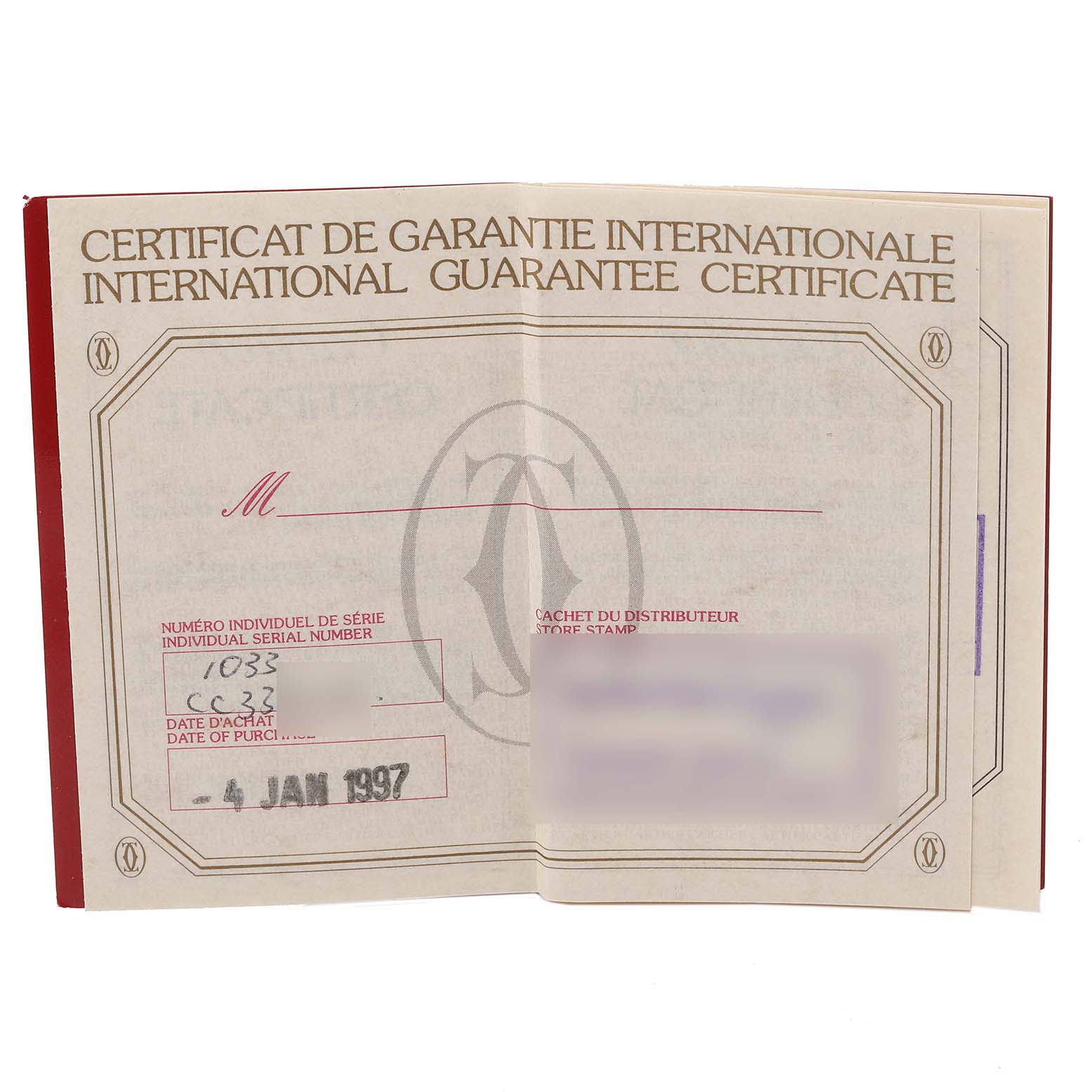 The image shows the International Guarantee Certificate for a Pasha model by Cartier, dated January 4, 1997.