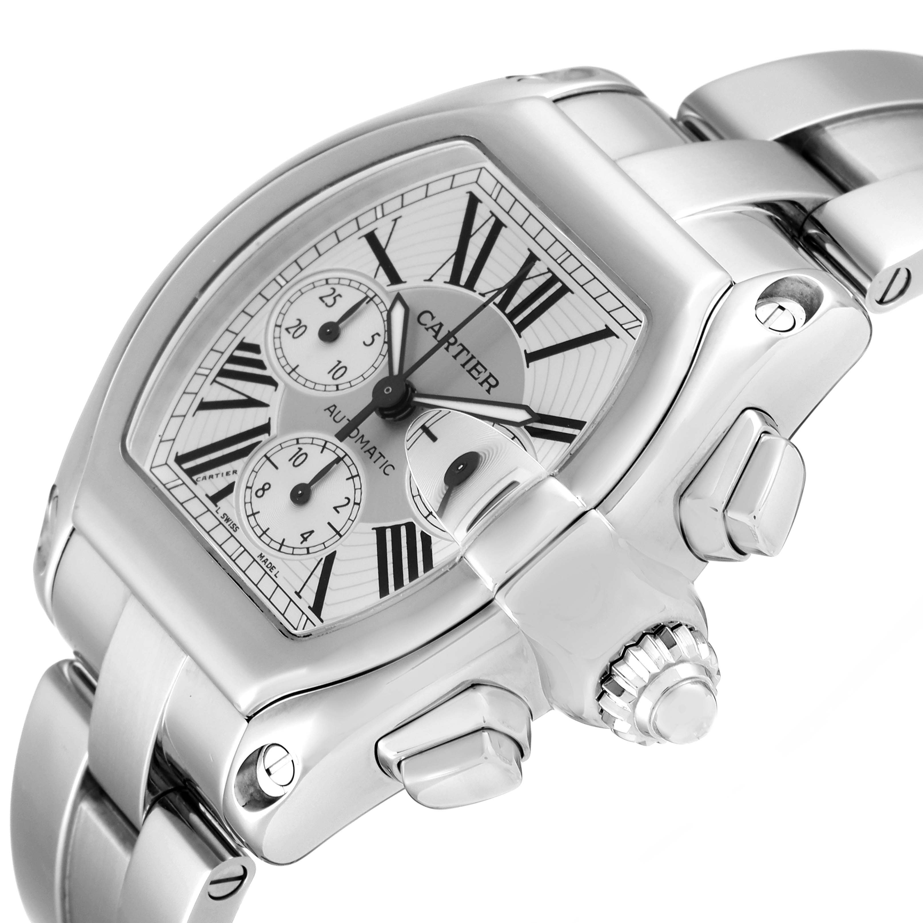 This image shows a close-up of the Cartier Roadster W62019X6 Men
s Stainless Steel Silver Dial W62019X6 Men
s Stainless Steel Silver Dial watch
s face, crown, and part of the metal bracelet at an angle.