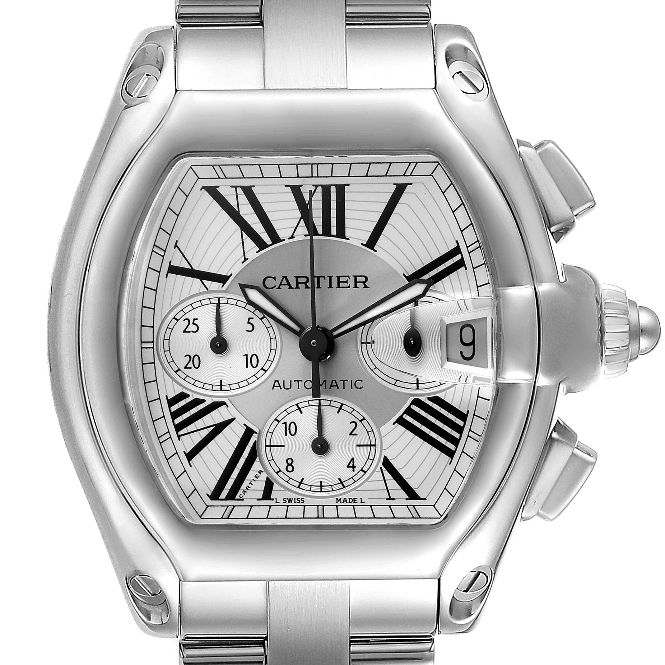 This image displays a front view of the Cartier Roadster W62019X6 Men
s Stainless Steel Silver Dial W62019X6 Men
s Stainless Steel Silver Dial model watch, showing its dial, hands, sub-dials, and date window.