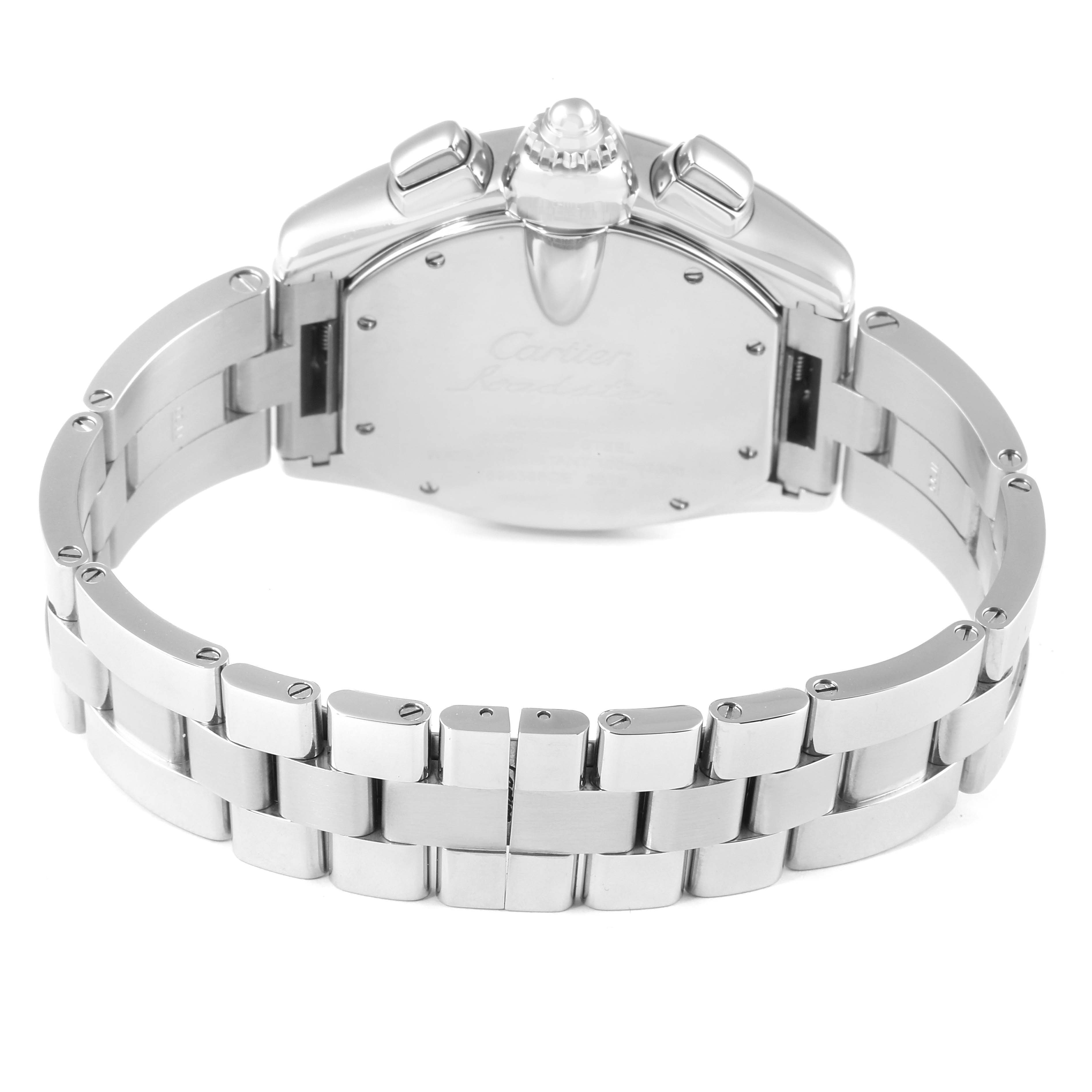 This image shows the back view of a Cartier Roadster W62019X6 Men
s Stainless Steel Silver Dial W62019X6 Men
s Stainless Steel Silver Dial watch, highlighting its stainless steel case, crown, and bracelet.