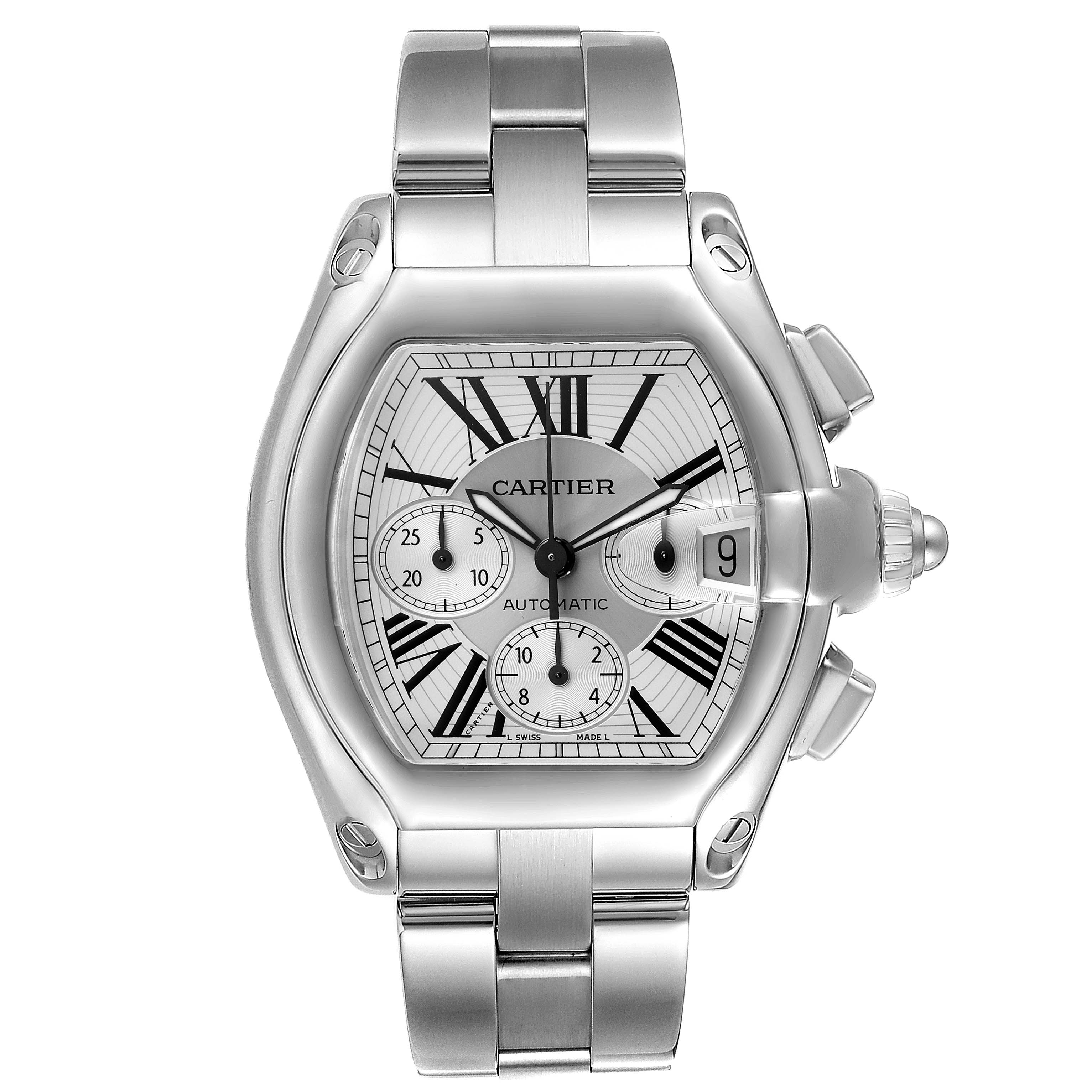This Cartier Roadster W62019X6 Men
s Stainless Steel Silver Dial W62019X6 Men
s Stainless Steel Silver Dial model watch is shown from a front view, displaying its face, crown, and part of the bracelet.