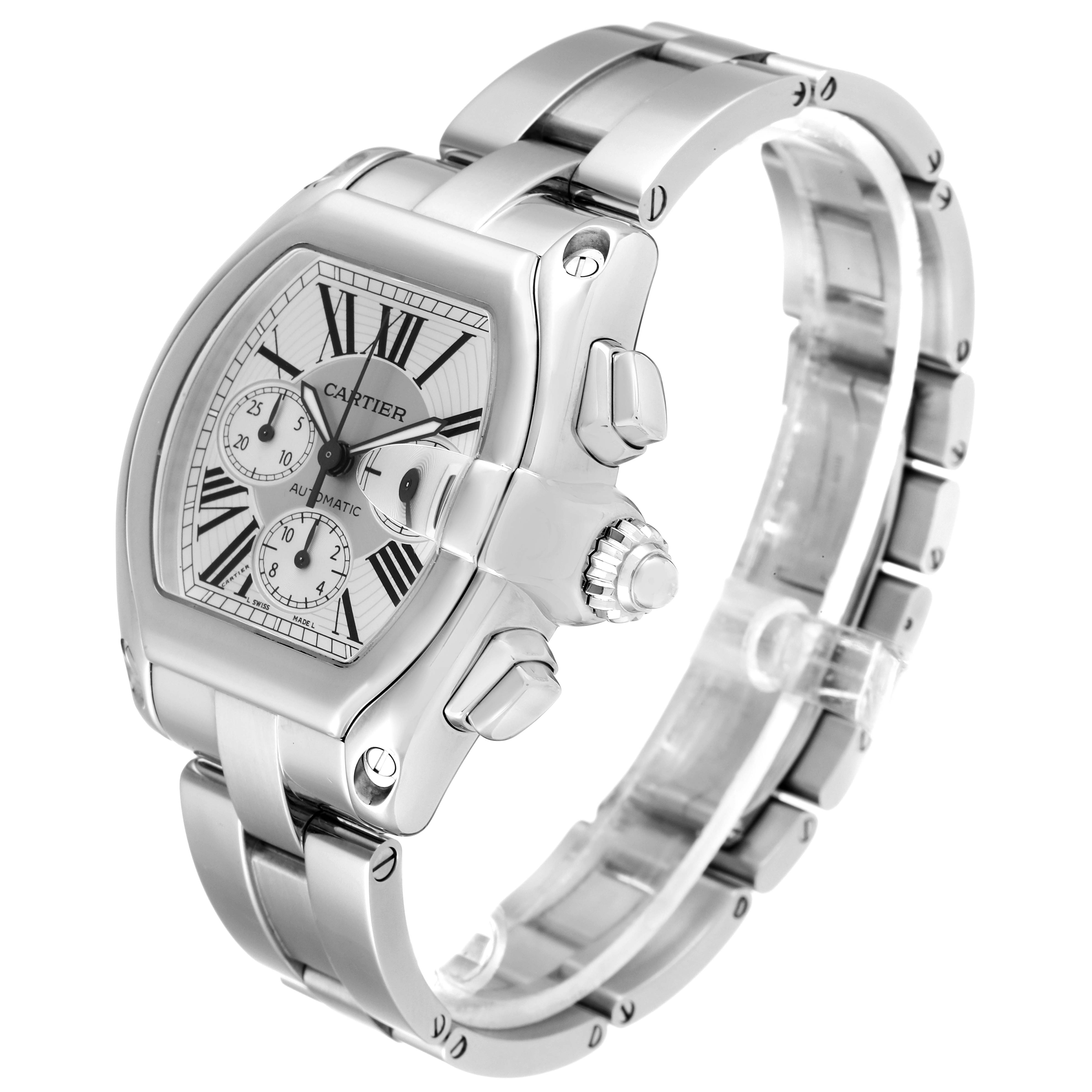 The image shows a side angle of a Cartier Roadster W62019X6 Men
s Stainless Steel Silver Dial W62019X6 Men
s Stainless Steel Silver Dial watch, highlighting its face, bezel, crown, and bracelet.
