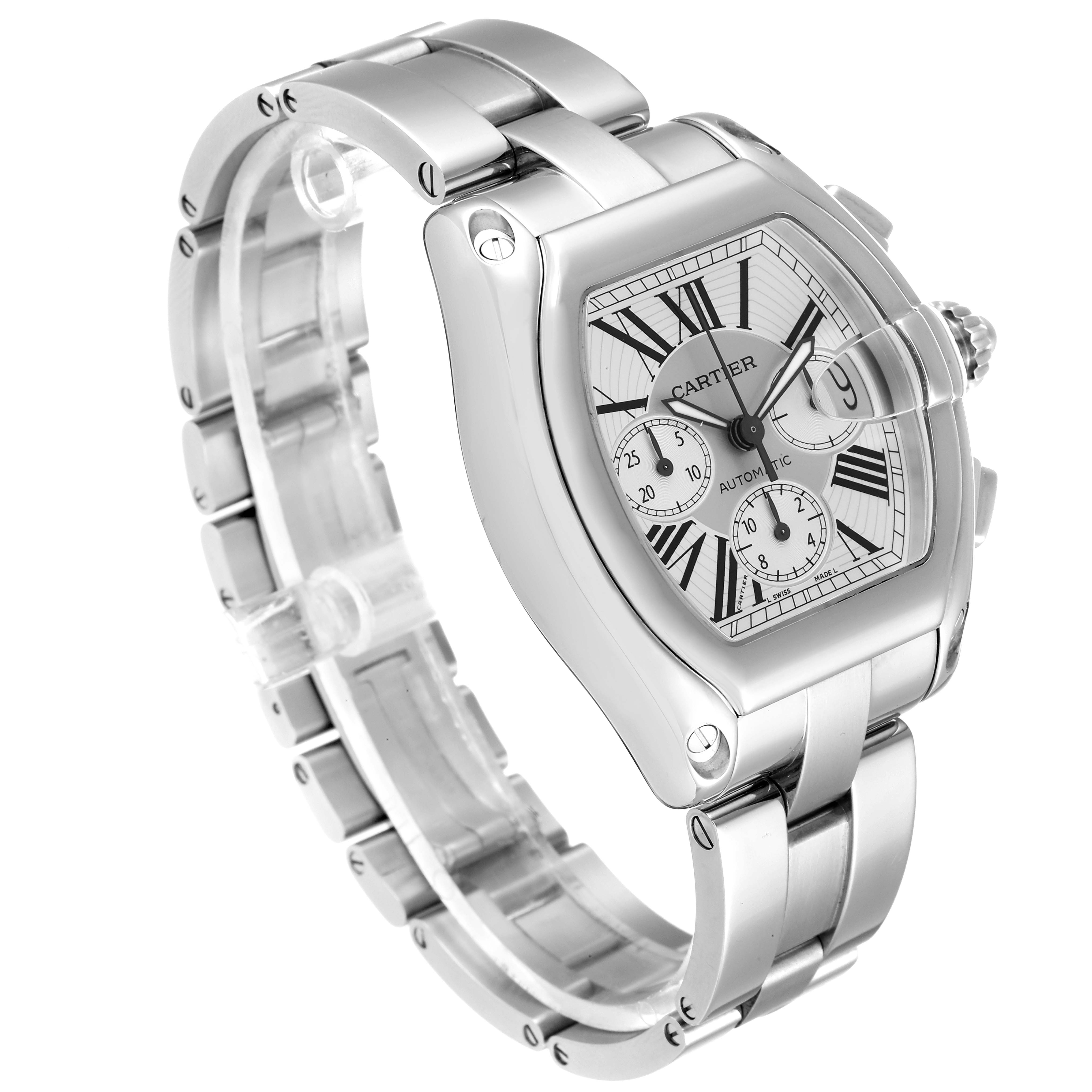 The image shows a three-quarter view of a Cartier Roadster W62019X6 Men
s Stainless Steel Silver Dial W62019X6 Men
s Stainless Steel Silver Dial watch, highlighting its face, case, and bracelet.