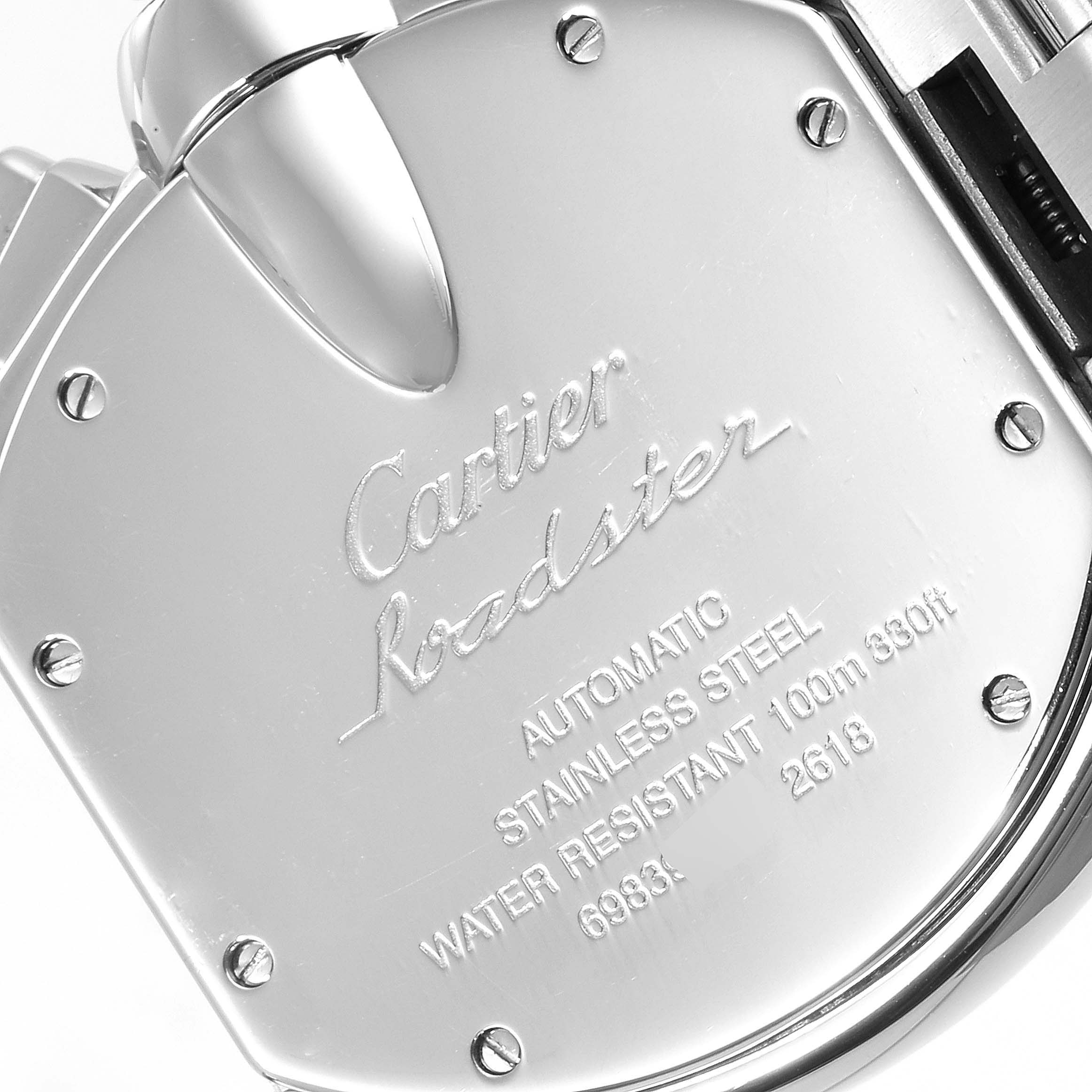 The image shows the back case of a Cartier Roadster W62019X6 Men
s Stainless Steel Silver Dial W62019X6 Men
s Stainless Steel Silver Dial watch, displaying the brand, model, and specifications.