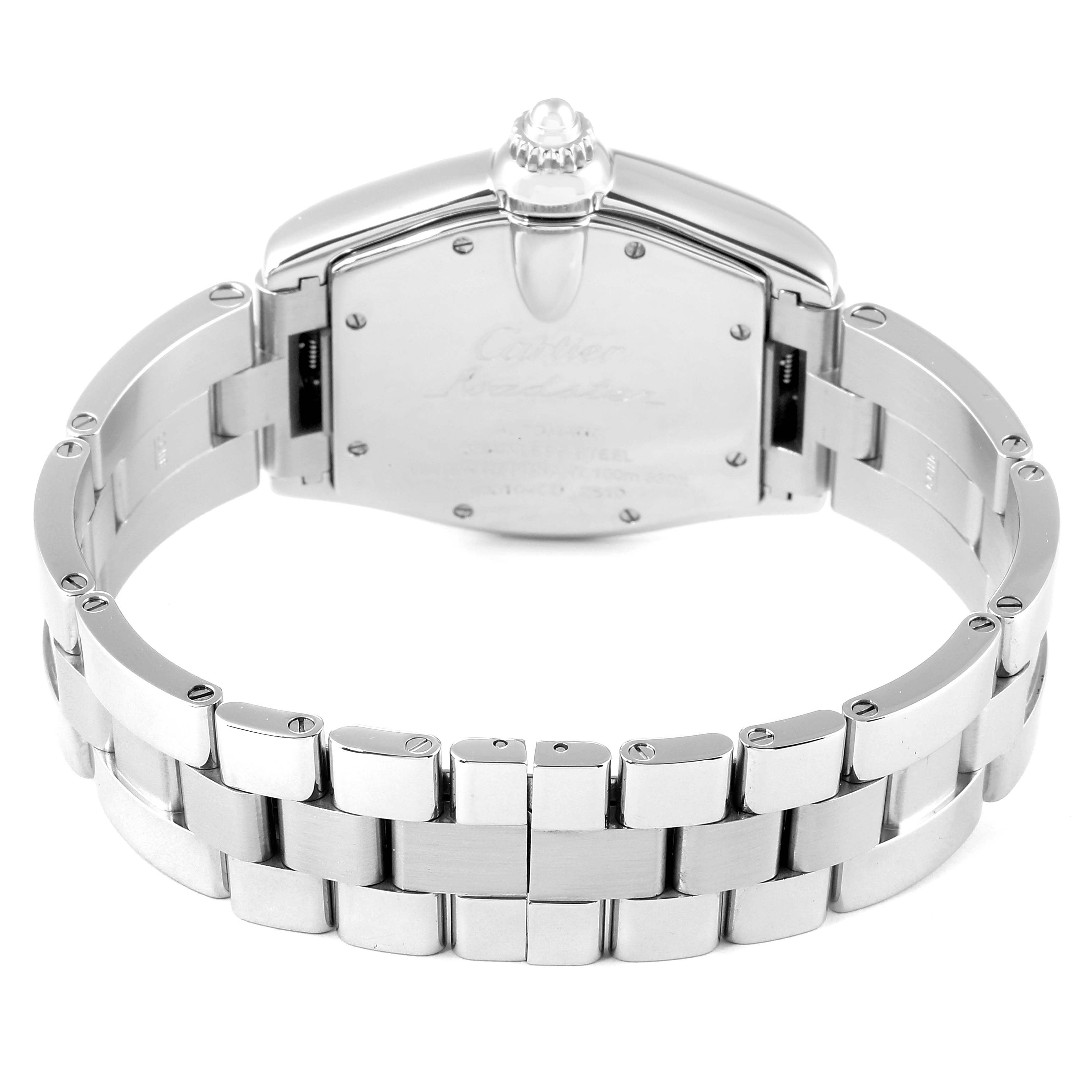 The image shows the back view of the Cartier Roadster W62000V3 Men
s Stainless Steel Silver Dial W62000V3 Men
s Stainless Steel Silver Dial watch, featuring its clasp and stainless steel bracelet.