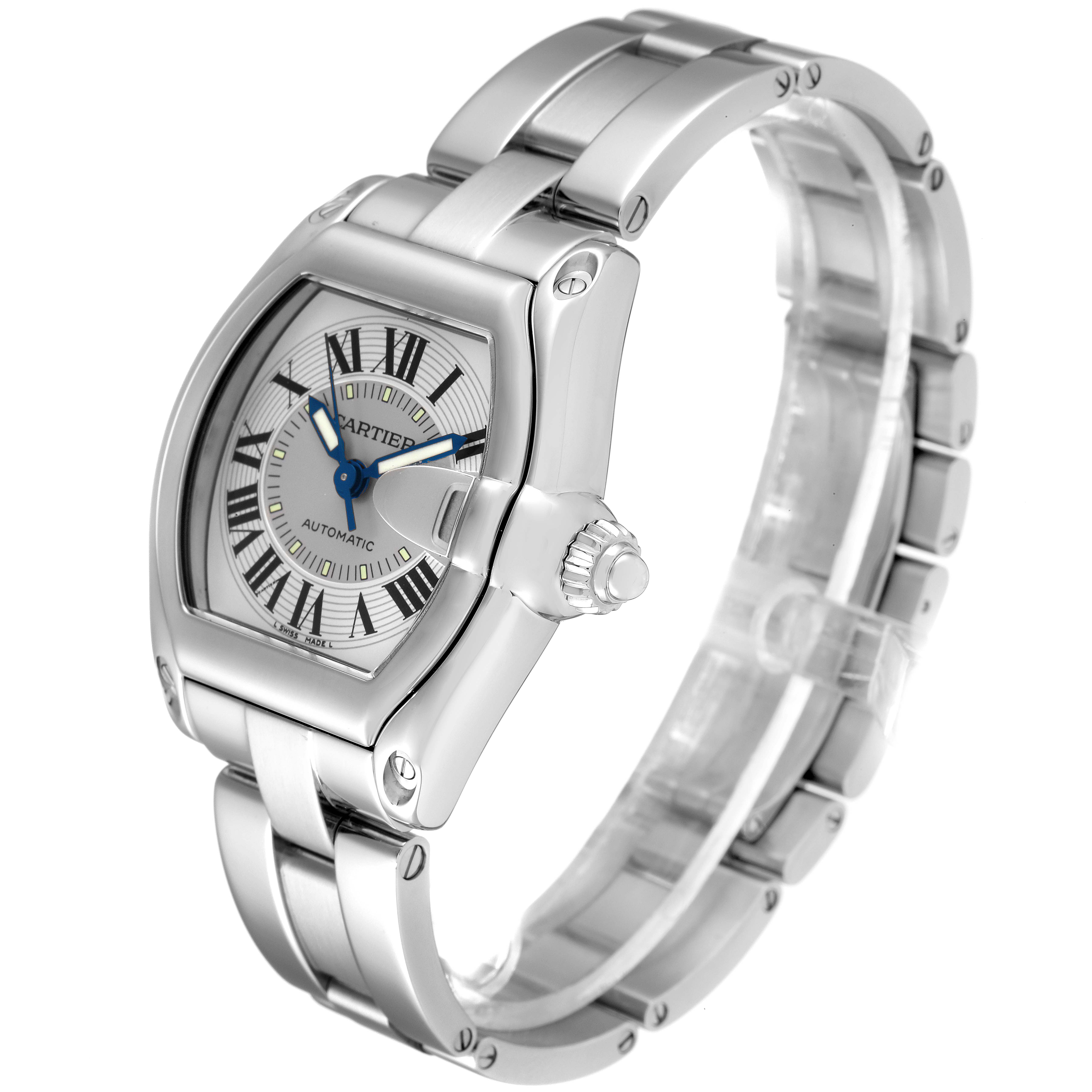 The image shows a Cartier Roadster W62000V3 Men
s Stainless Steel Silver Dial W62000V3 Men
s Stainless Steel Silver Dial watch from an angled side view, highlighting the dial, case, crown, and bracelet.