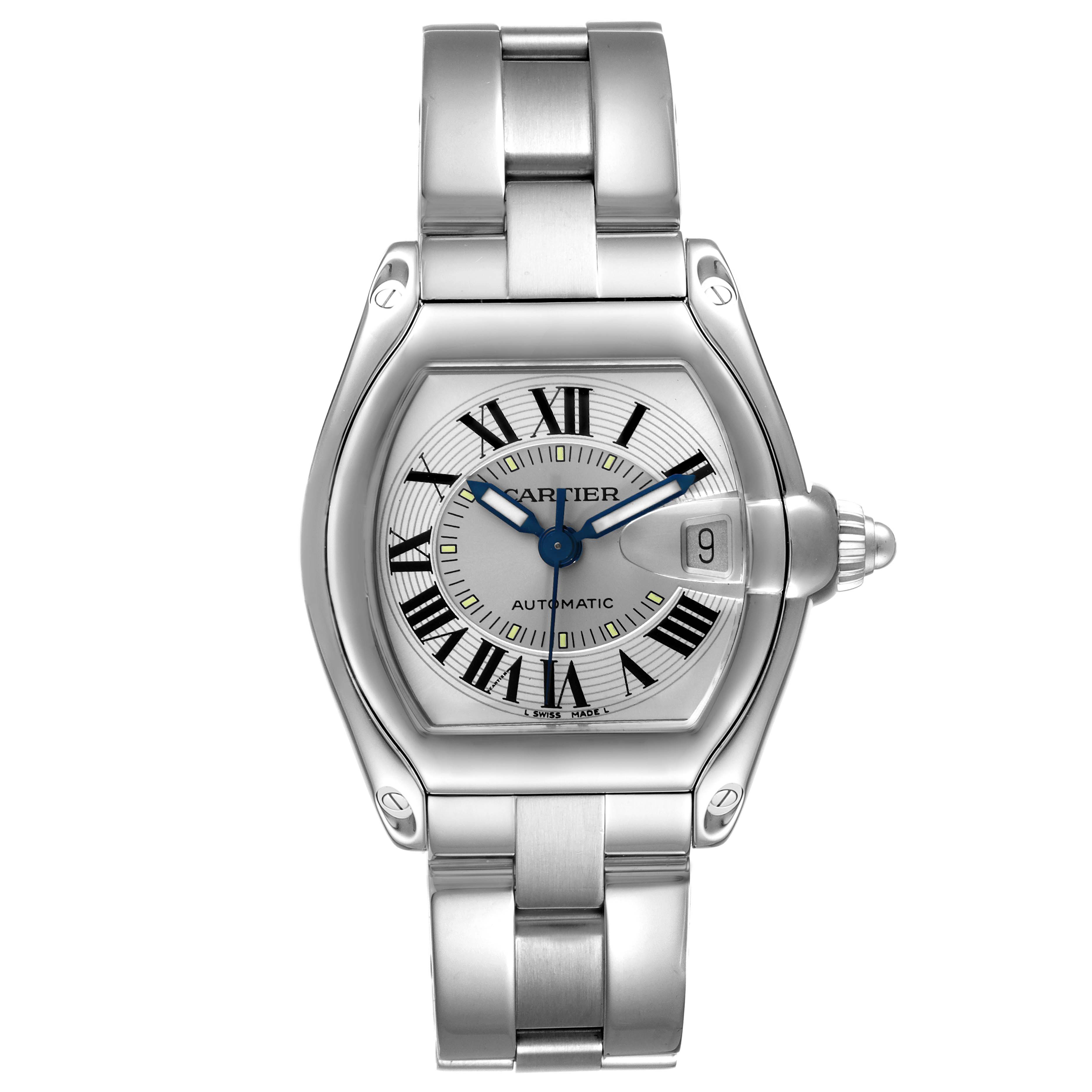 This image shows a front view of the Cartier Roadster W62000V3 Men
s Stainless Steel Silver Dial W62000V3 Men
s Stainless Steel Silver Dial model watch, displaying the dial, hands, bezel, and bracelet.