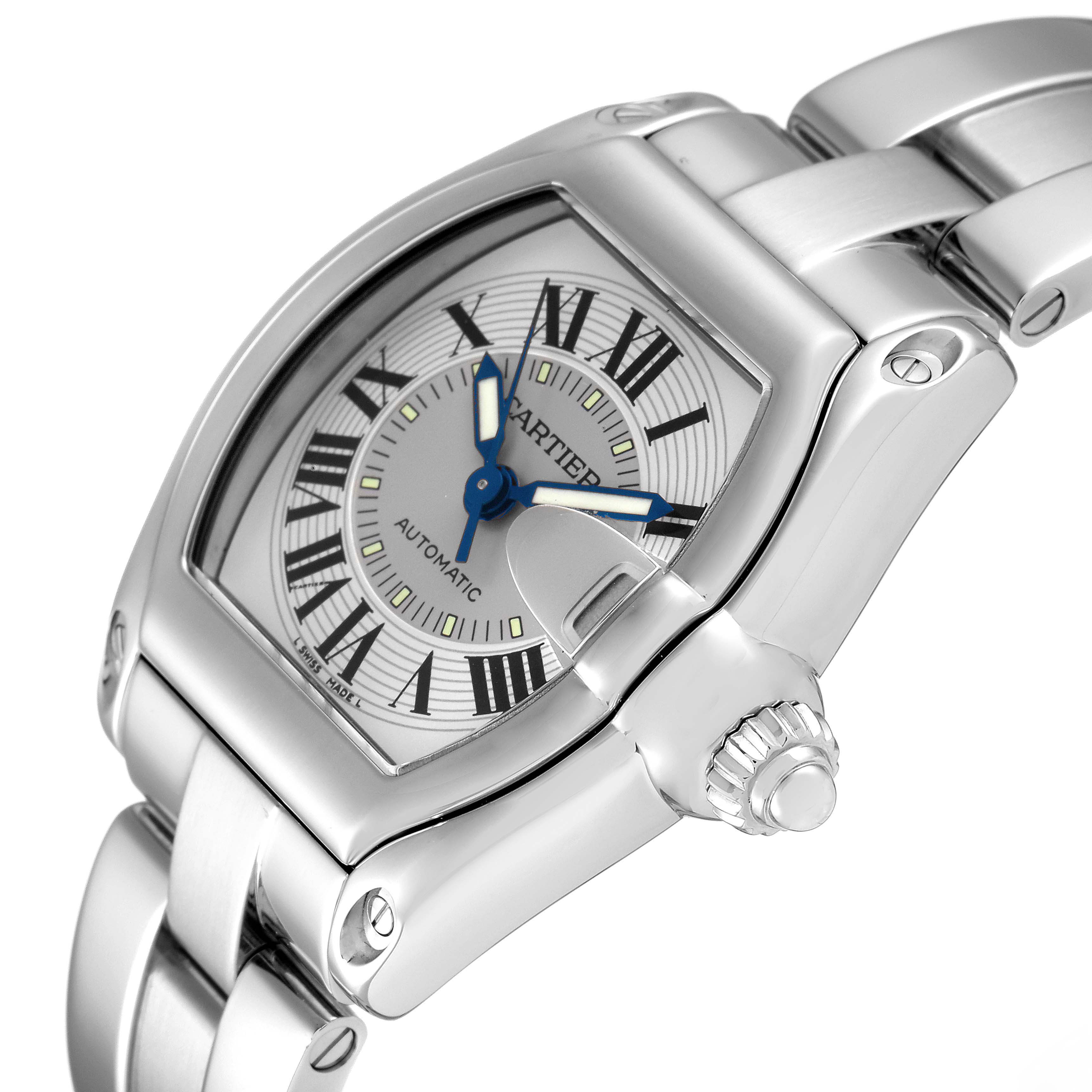 This Cartier Roadster W62000V3 Men
s Stainless Steel Silver Dial W62000V3 Men
s Stainless Steel Silver Dial watch is shown at an angled close-up, highlighting its face, casing, crown, and part of the bracelet.