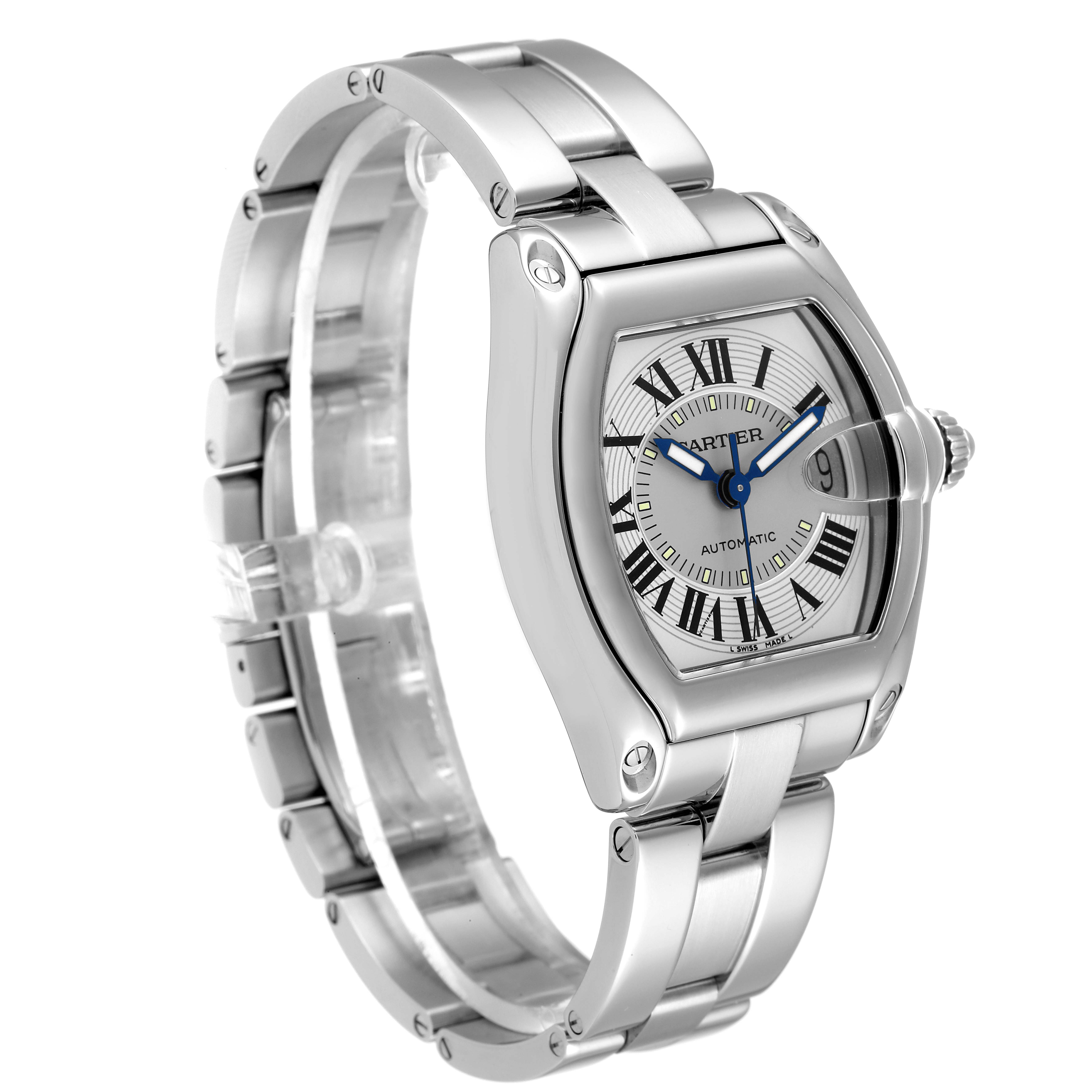The image shows a side view of the Cartier Roadster W62000V3 Men
s Stainless Steel Silver Dial W62000V3 Men
s Stainless Steel Silver Dial watch with a visible stainless steel band and Roman numeral dial.