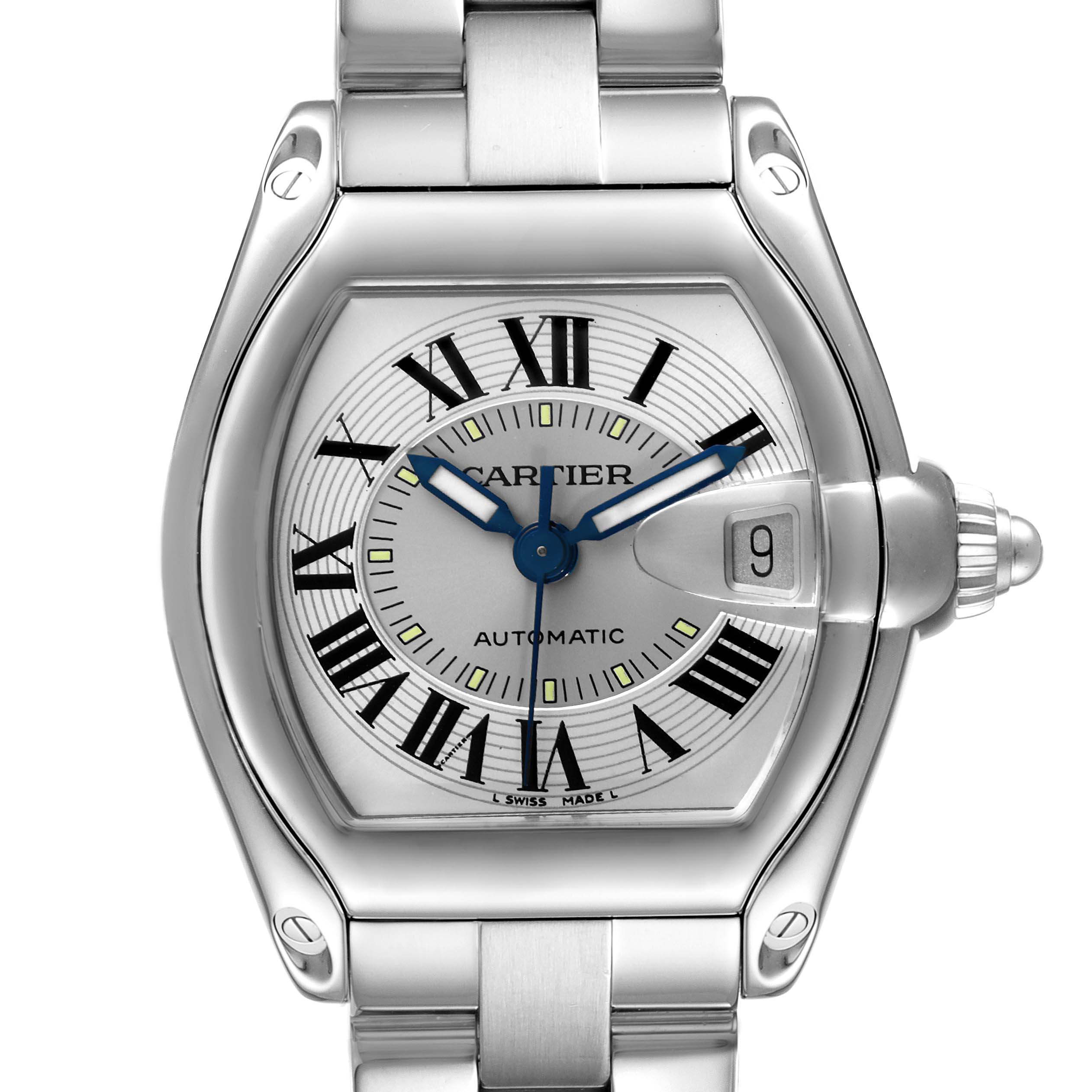 This image shows a frontal view of the Cartier Roadster W62000V3 Men
s Stainless Steel Silver Dial W62000V3 Men
s Stainless Steel Silver Dial watch, highlighting the dial, case, and part of the bracelet.