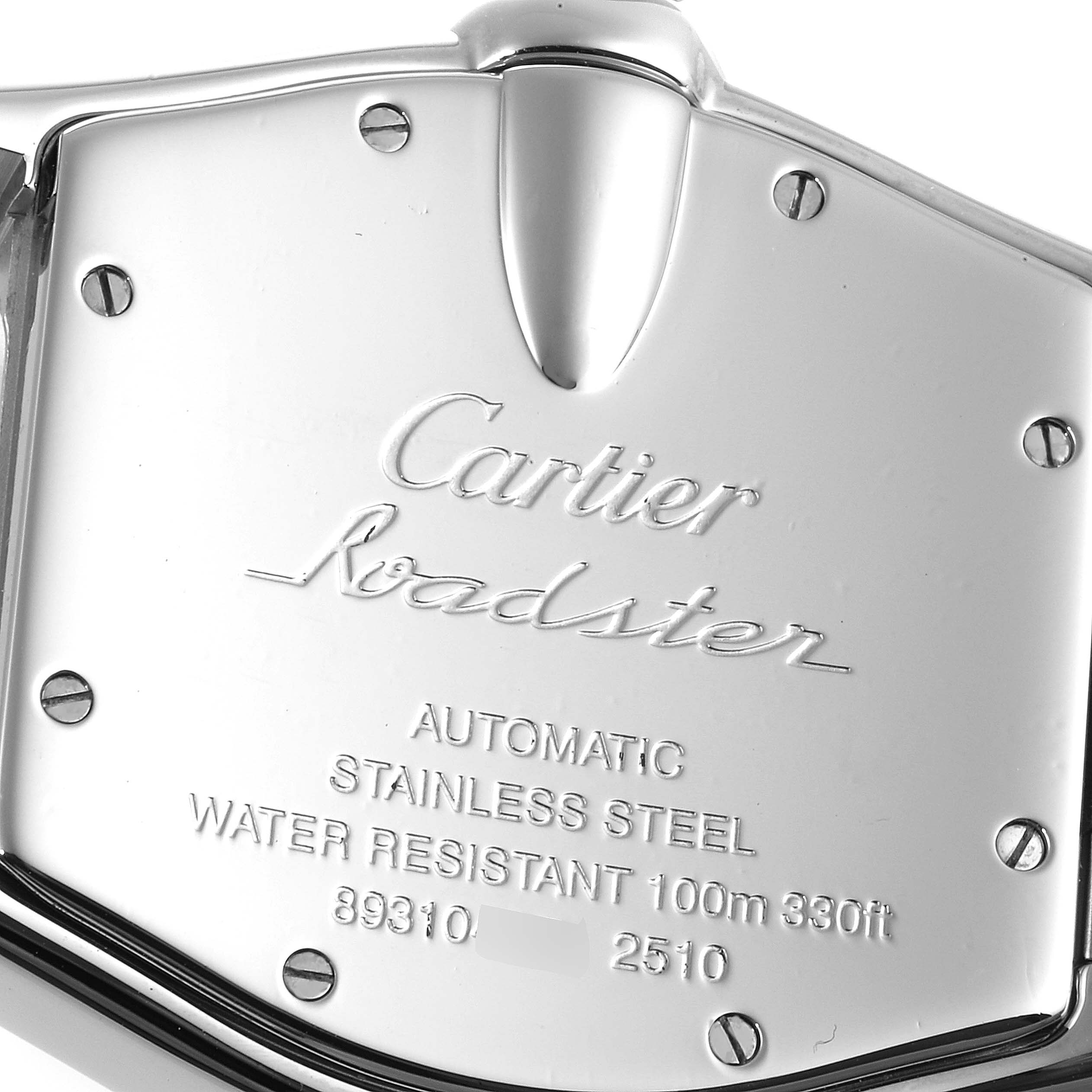 This image shows a close-up of the back case of a Cartier Roadster W62000V3 Men
s Stainless Steel Silver Dial W62000V3 Men
s Stainless Steel Silver Dial watch, highlighting the engravings and screws.