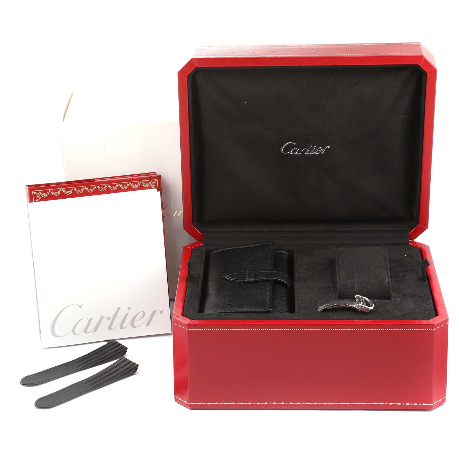 The image shows a boxed Cartier Roadster W62020X6 Men
s Stainless Steel Black Dial W62020X6 Men
s Stainless Steel Black Dial watch set with a case, documents, and additional straps/accessories.
