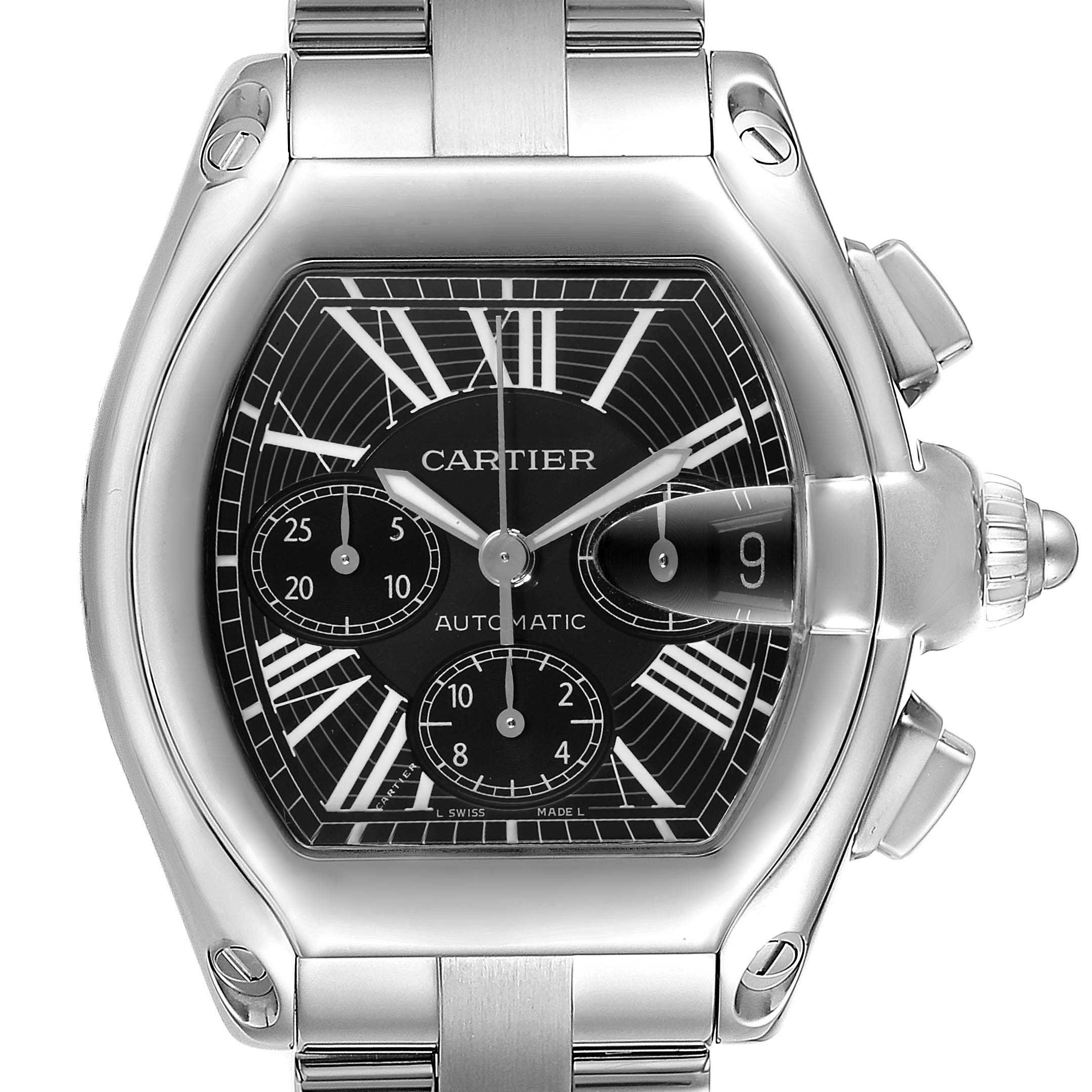 The image shows a Cartier Roadster W62020X6 Men
s Stainless Steel Black Dial W62020X6 Men
s Stainless Steel Black Dial watch from a front angle displaying the dial, bezel, crown, and part of the bracelet.
