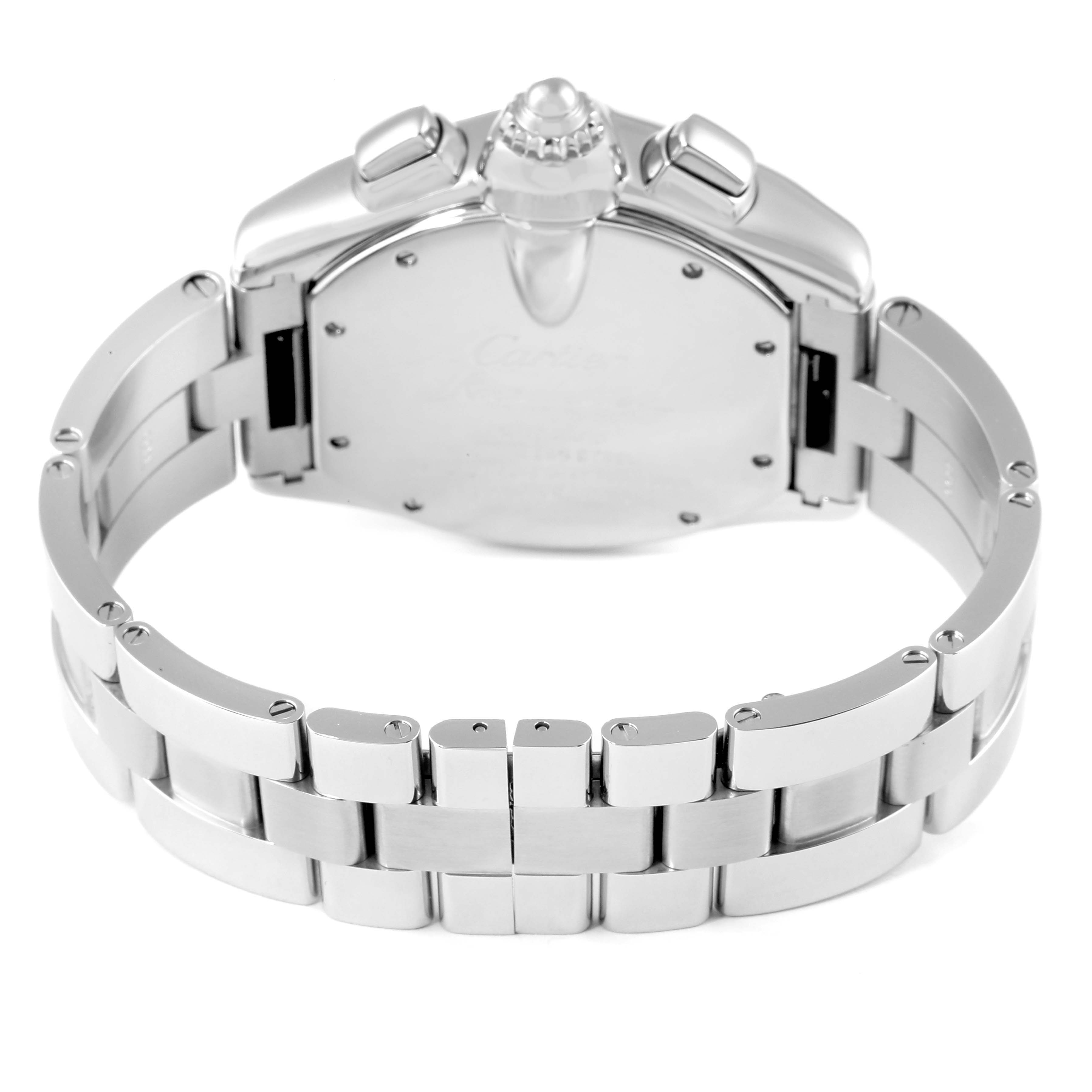 This image shows the back view and bracelet of a Cartier Roadster W62020X6 Men
s Stainless Steel Black Dial W62020X6 Men
s Stainless Steel Black Dial model watch, highlighting the clasp and links.