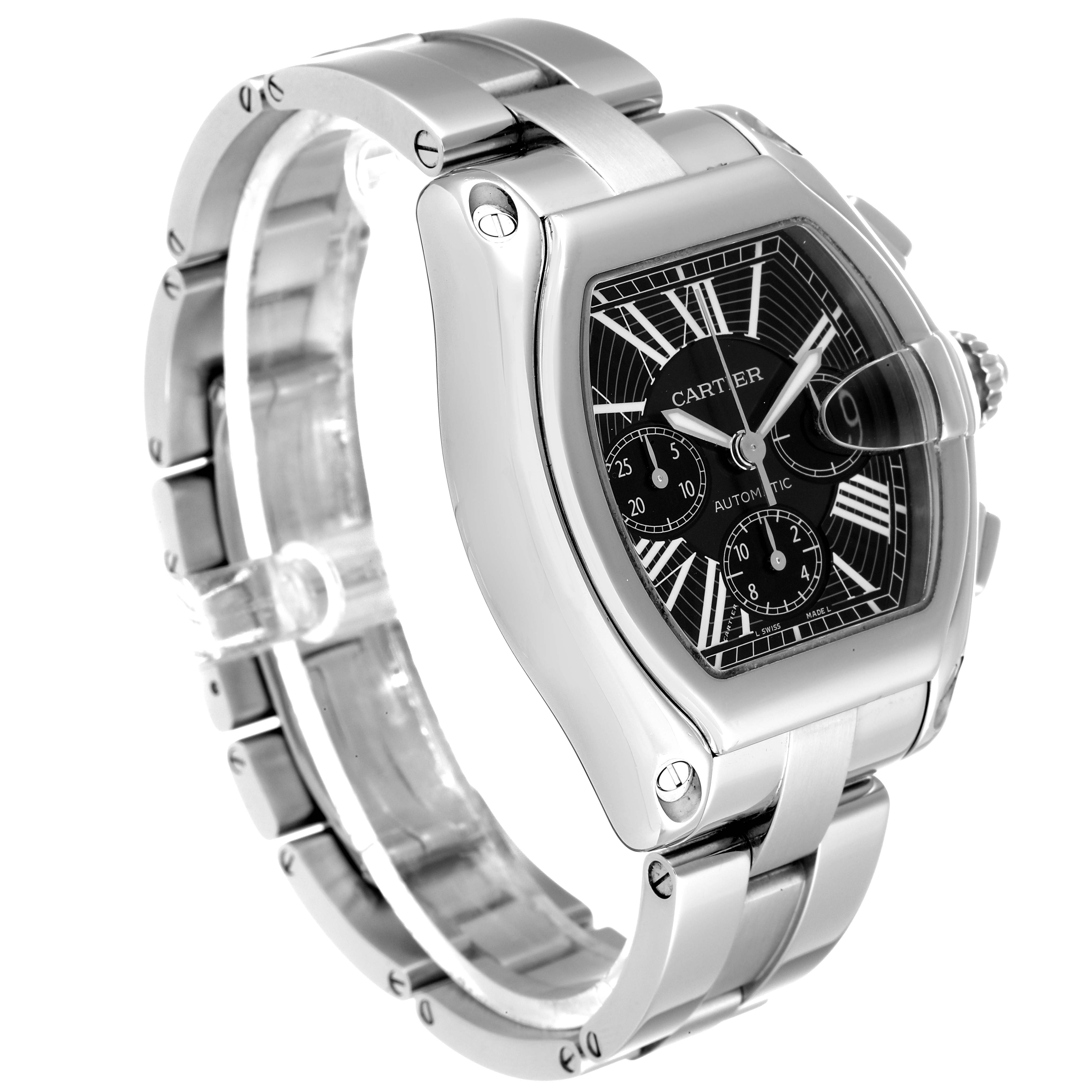 The Cartier Roadster W62020X6 Men
s Stainless Steel Black Dial W62020X6 Men
s Stainless Steel Black Dial watch is shown at a 3/4 angle, highlighting its face, bracelet, and crown details.