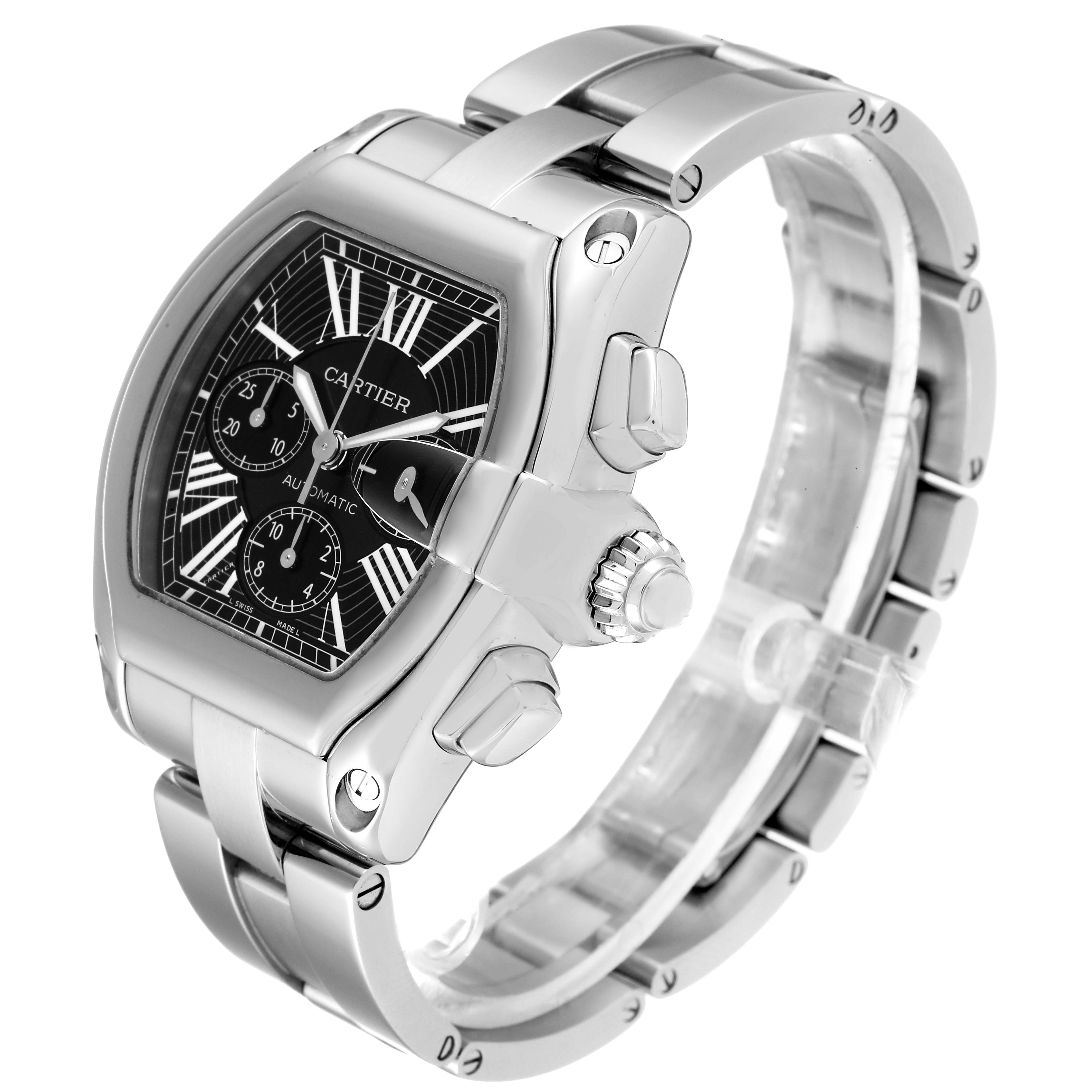 The Cartier Roadster W62020X6 Men
s Stainless Steel Black Dial W62020X6 Men
s Stainless Steel Black Dial watch is shown at a three-quarter angle highlighting the face, dial, and stainless steel bracelet.