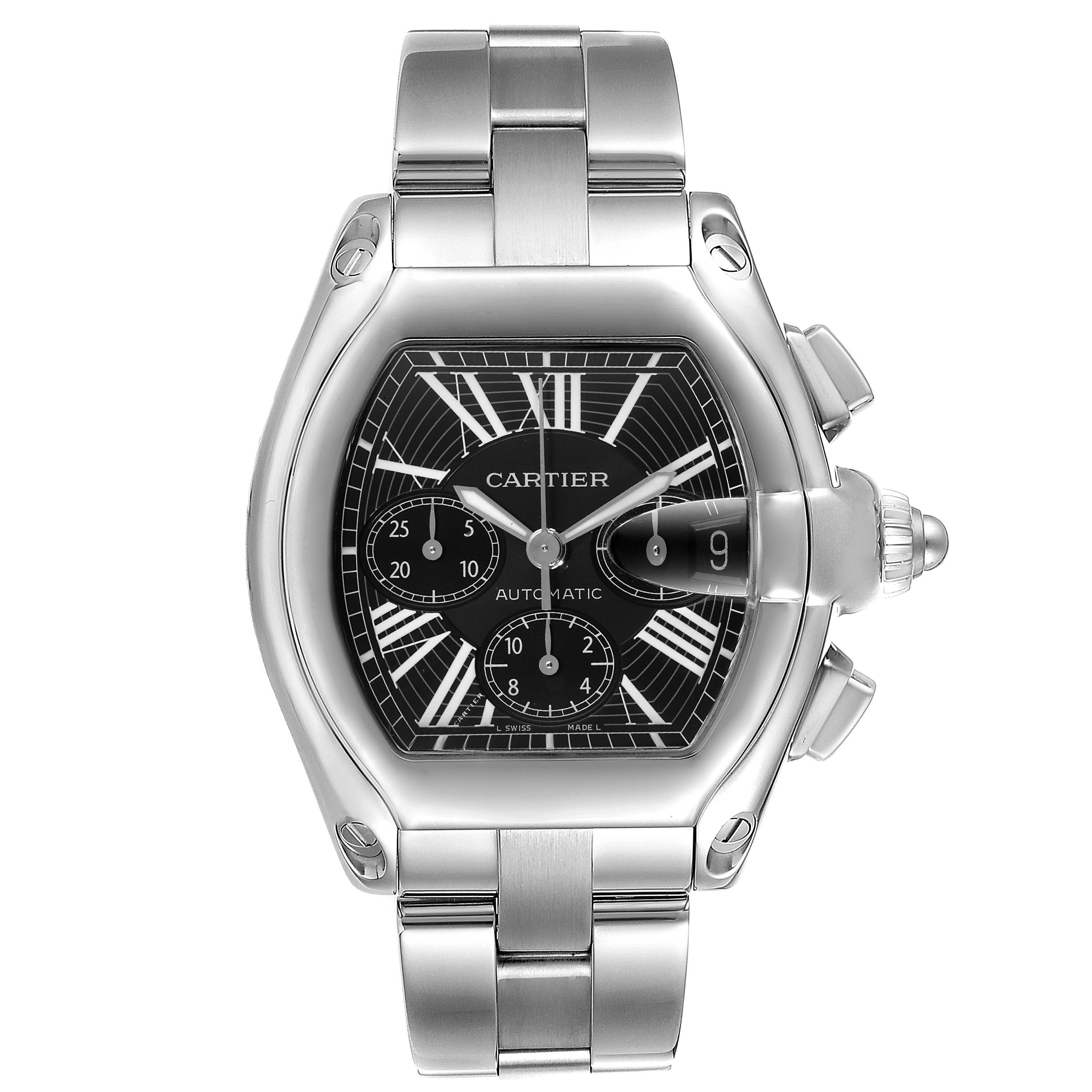 This image shows a front view of the Cartier Roadster W62020X6 Men
s Stainless Steel Black Dial W62020X6 Men
s Stainless Steel Black Dial model watch, highlighting its face, bracelet, and crown.