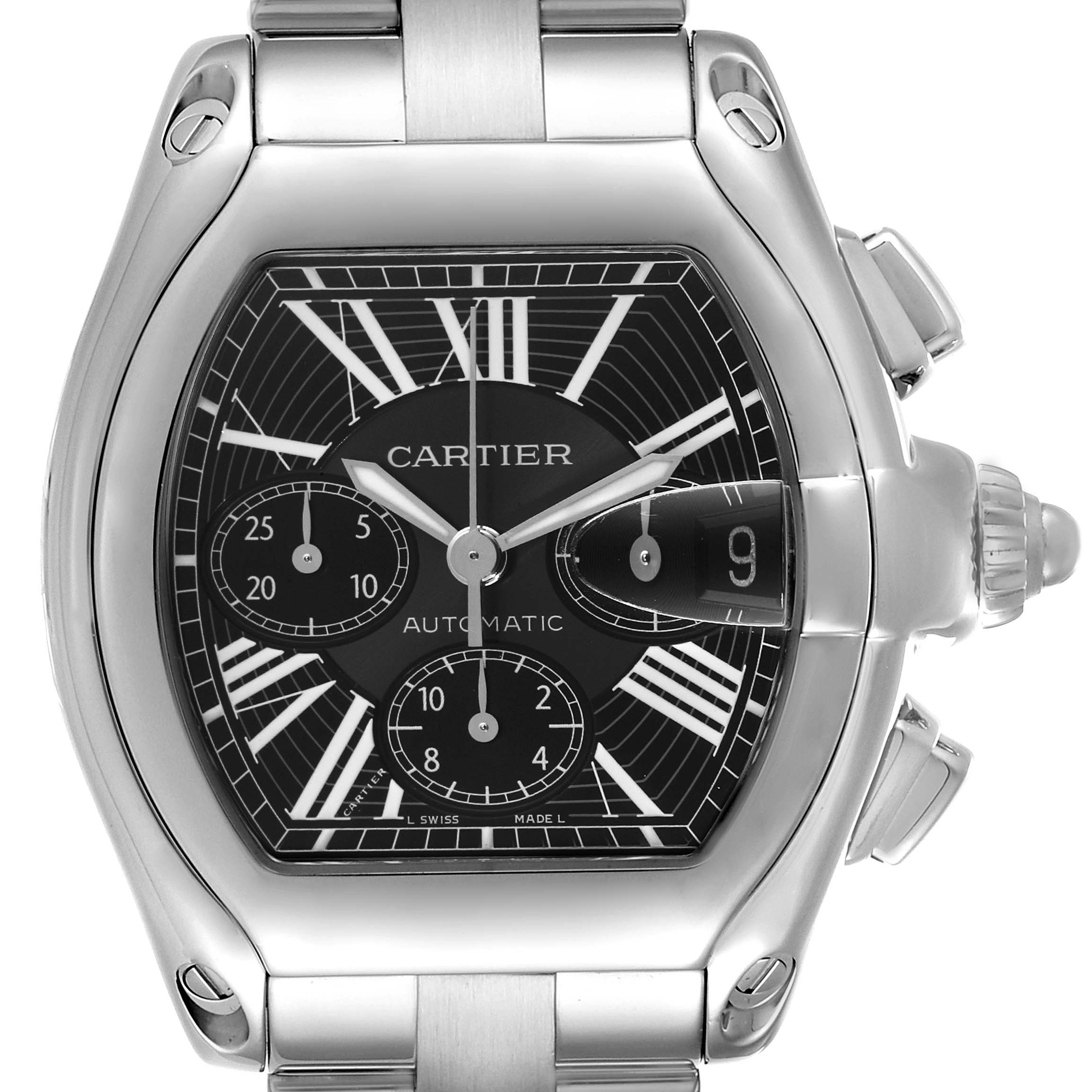 This image shows a close-up of the face and crown of a Cartier Roadster W62020X6 Men's Stainless Steel Black Dial W62020X6 Men's Stainless Steel Black Dial watch.