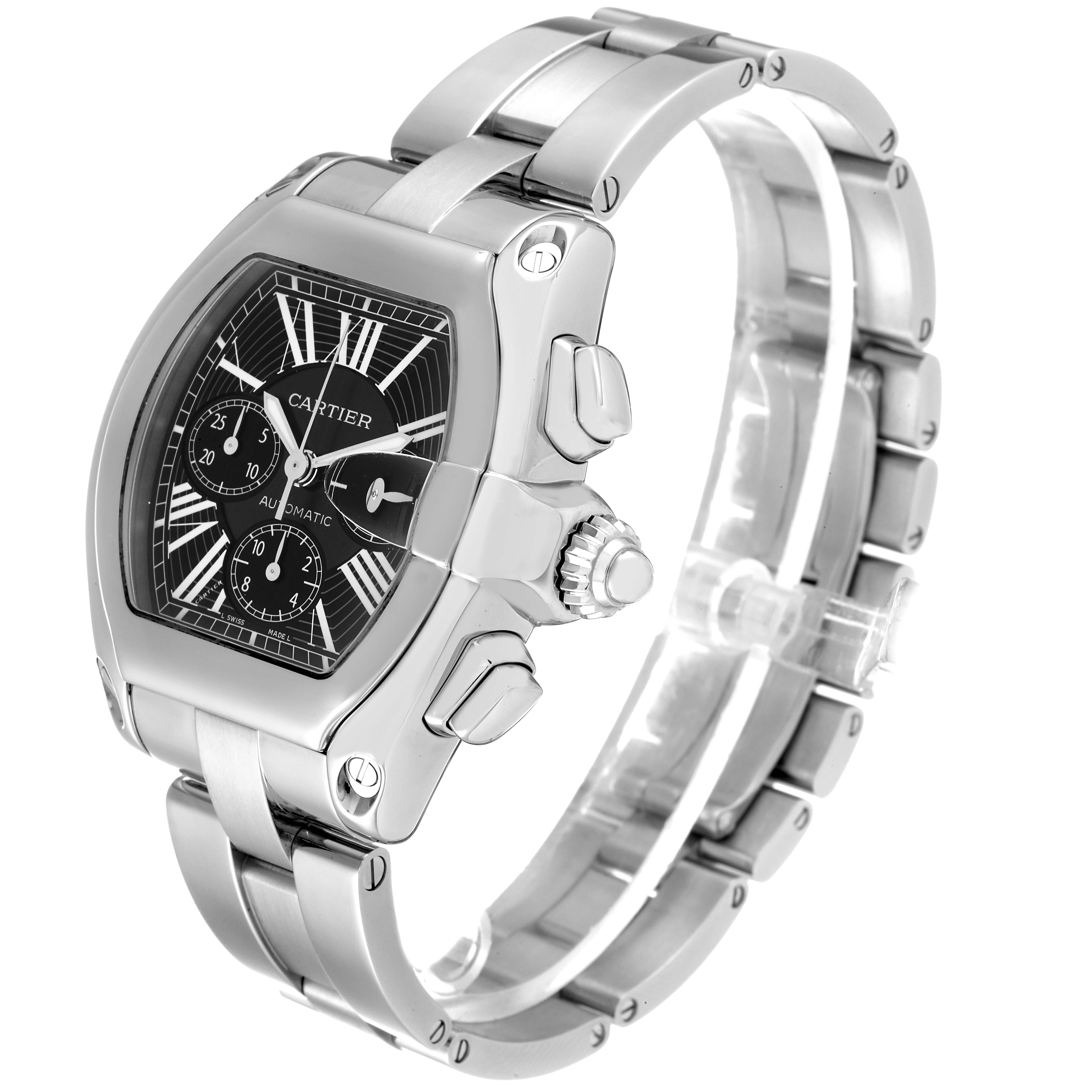 The Cartier Roadster W62020X6 Men's Stainless Steel Black Dial W62020X6 Men's Stainless Steel Black Dial watch is shown at a three-quarter angle highlighting the face, crown, and stainless steel bracelet.