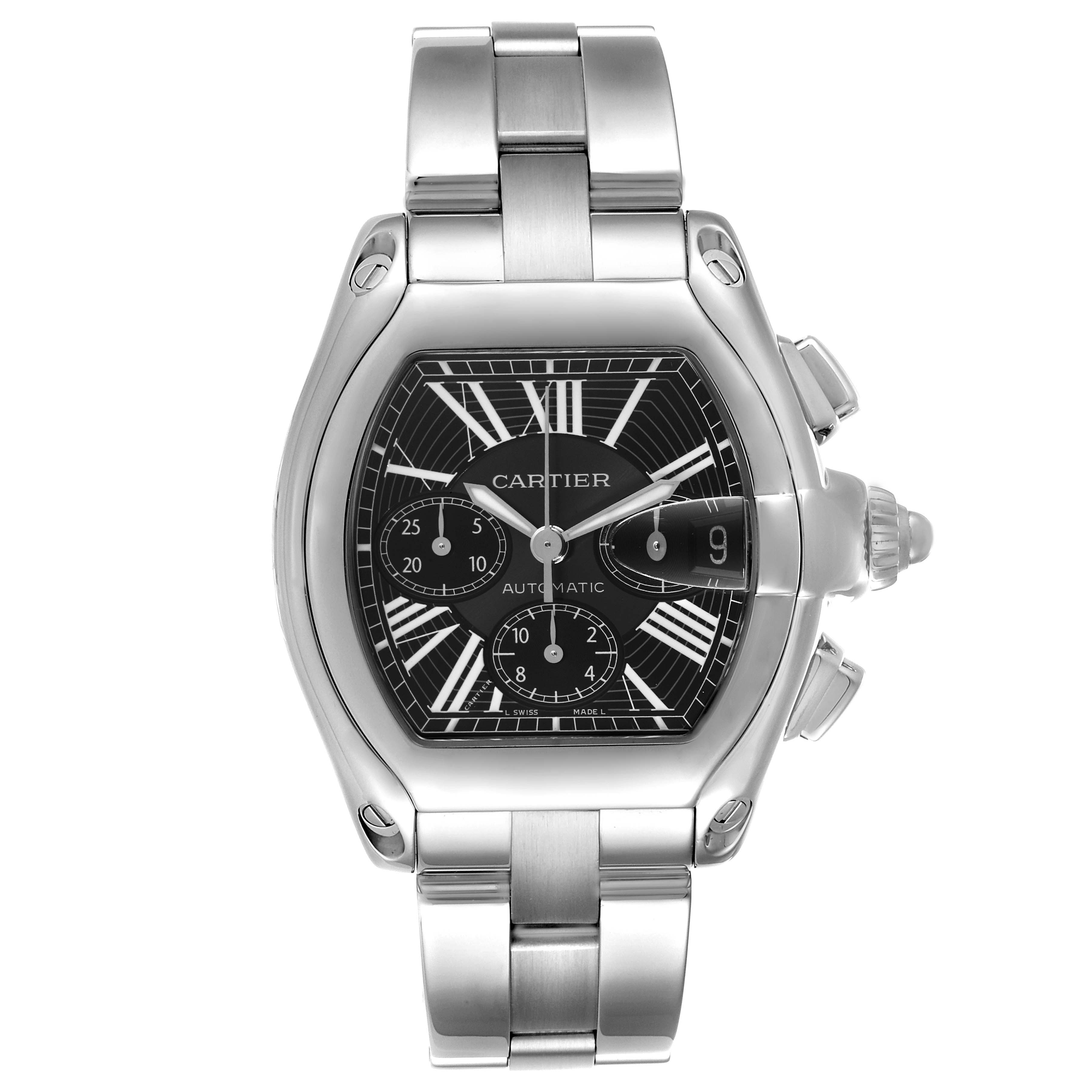 The image showcases a front view of the Cartier Roadster W62020X6 Men's Stainless Steel Black Dial W62020X6 Men's Stainless Steel Black Dial model watch, displaying its face, hands, and bracelet.