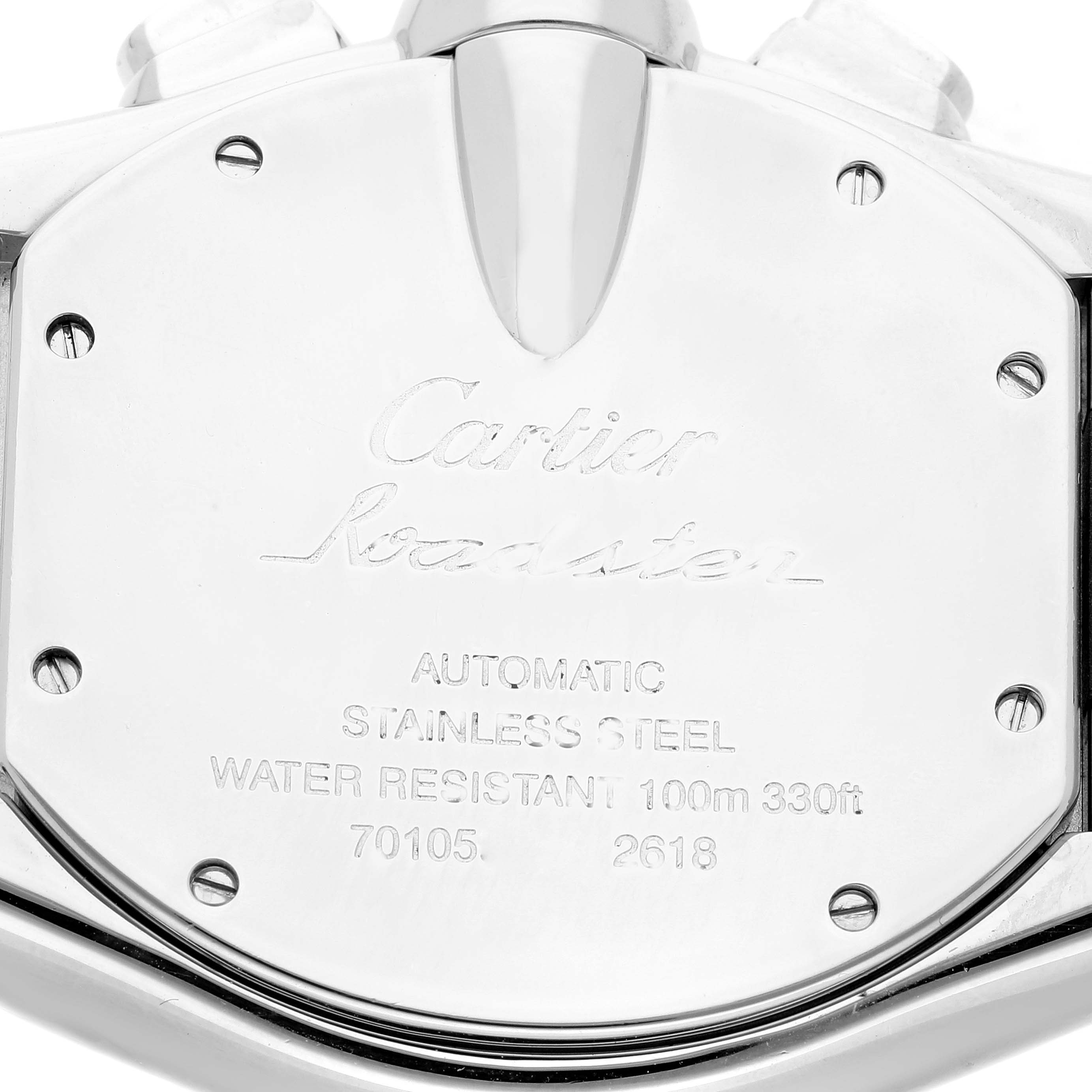 This image shows the case back of the Cartier Roadster W62020X6 Men's Stainless Steel Black Dial W62020X6 Men's Stainless Steel Black Dial watch from a straight-on angle.