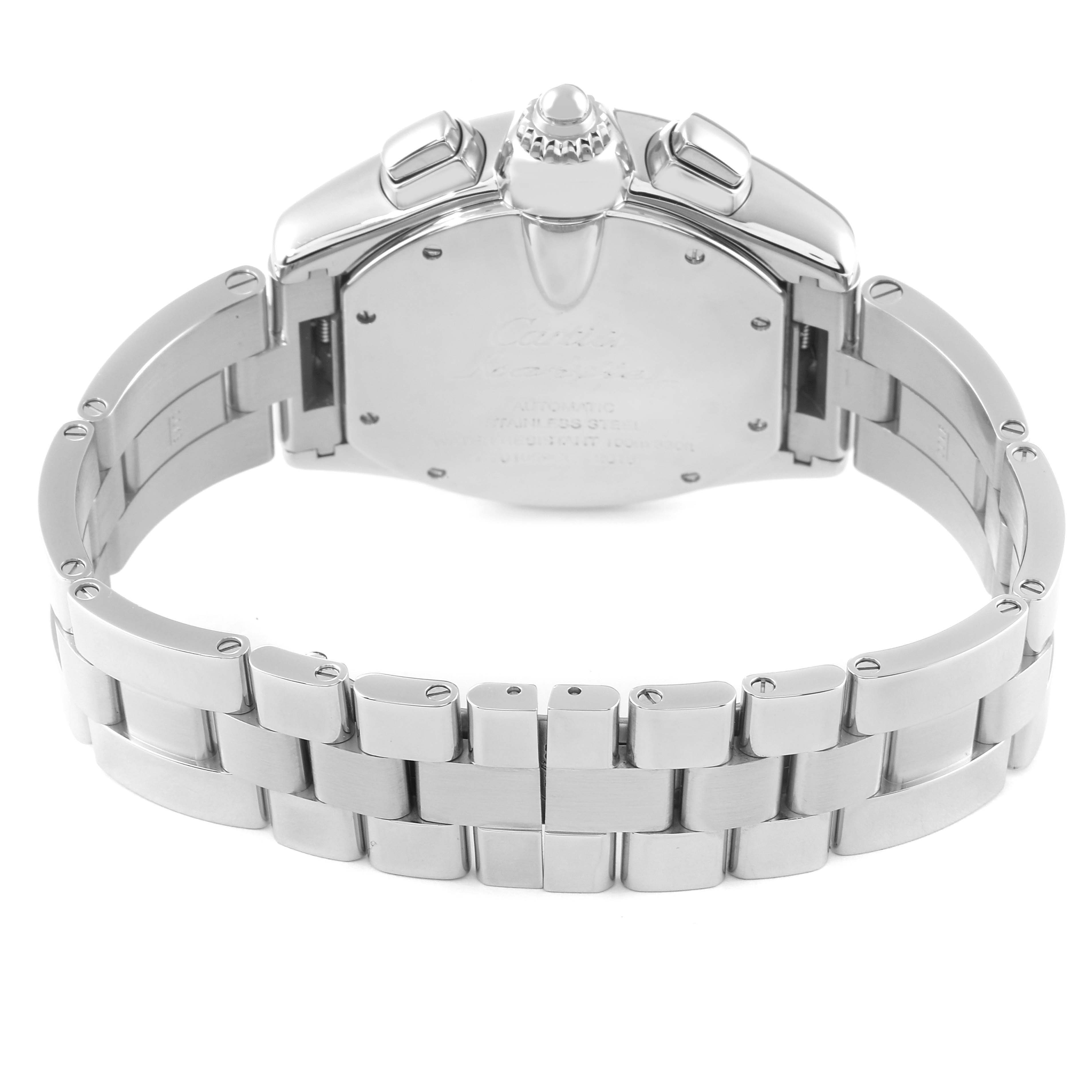 This image shows the back view of a Cartier Roadster W62020X6 Men's Stainless Steel Black Dial W62020X6 Men's Stainless Steel Black Dial watch, highlighting the case back and bracelet.