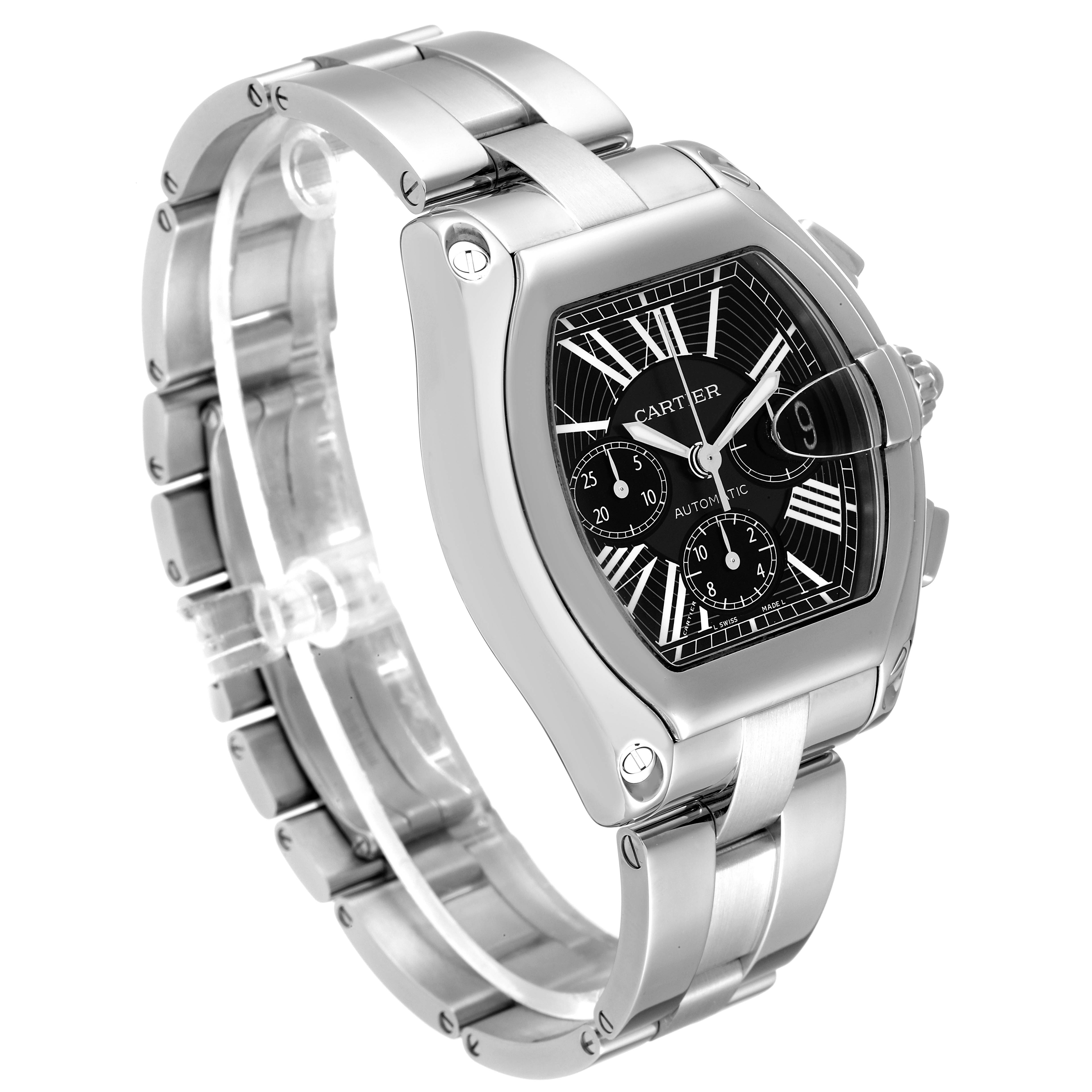 The image shows a Cartier Roadster W62020X6 Men's Stainless Steel Black Dial W62020X6 Men's Stainless Steel Black Dial model watch at a three-quarter angle, highlighting the bracelet, case, and face.