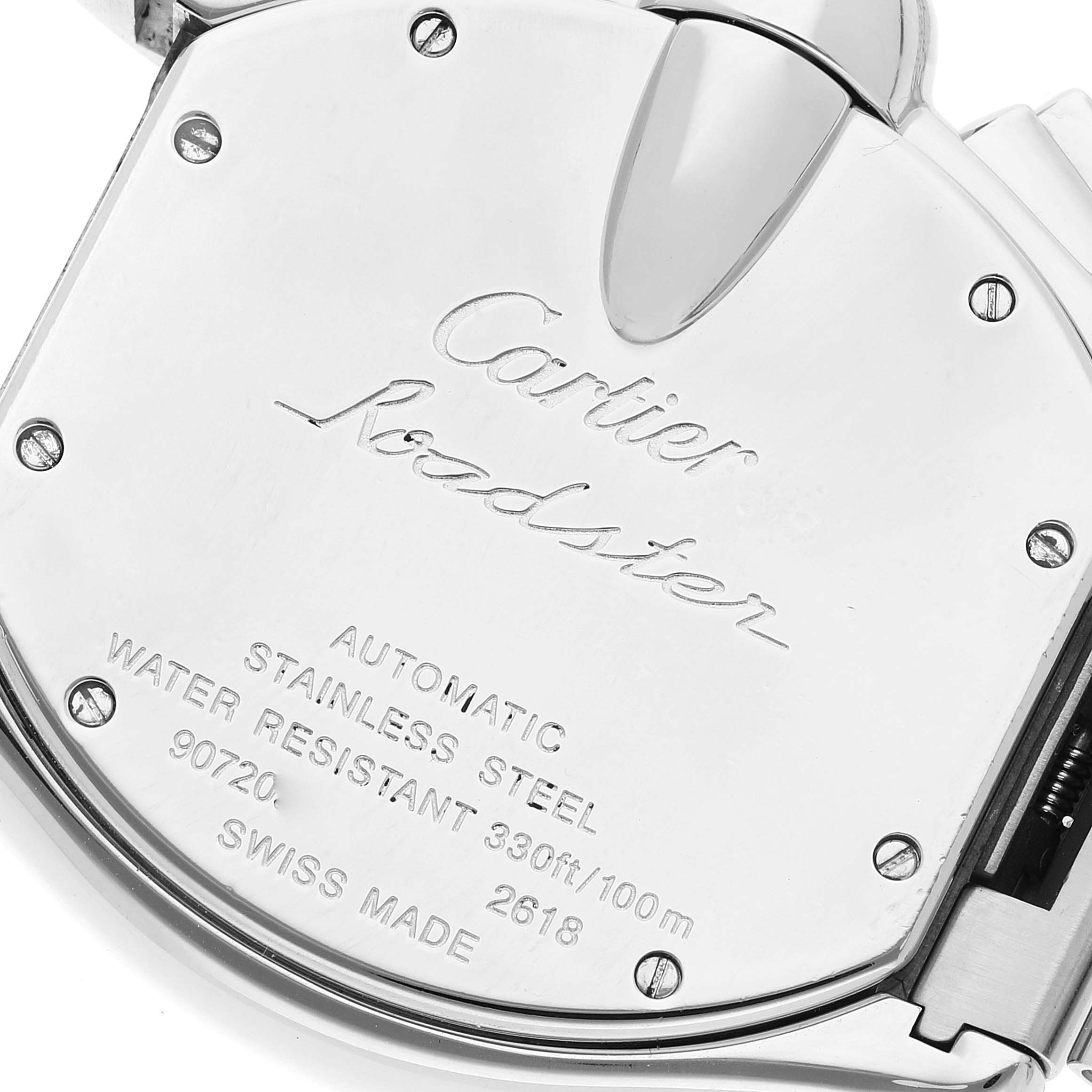 This image shows the back casing of the Cartier Roadster W62020X6 Men
s Stainless Steel Black Dial W62020X6 Men
s Stainless Steel Black Dial watch, highlighting its engravings and detailing.