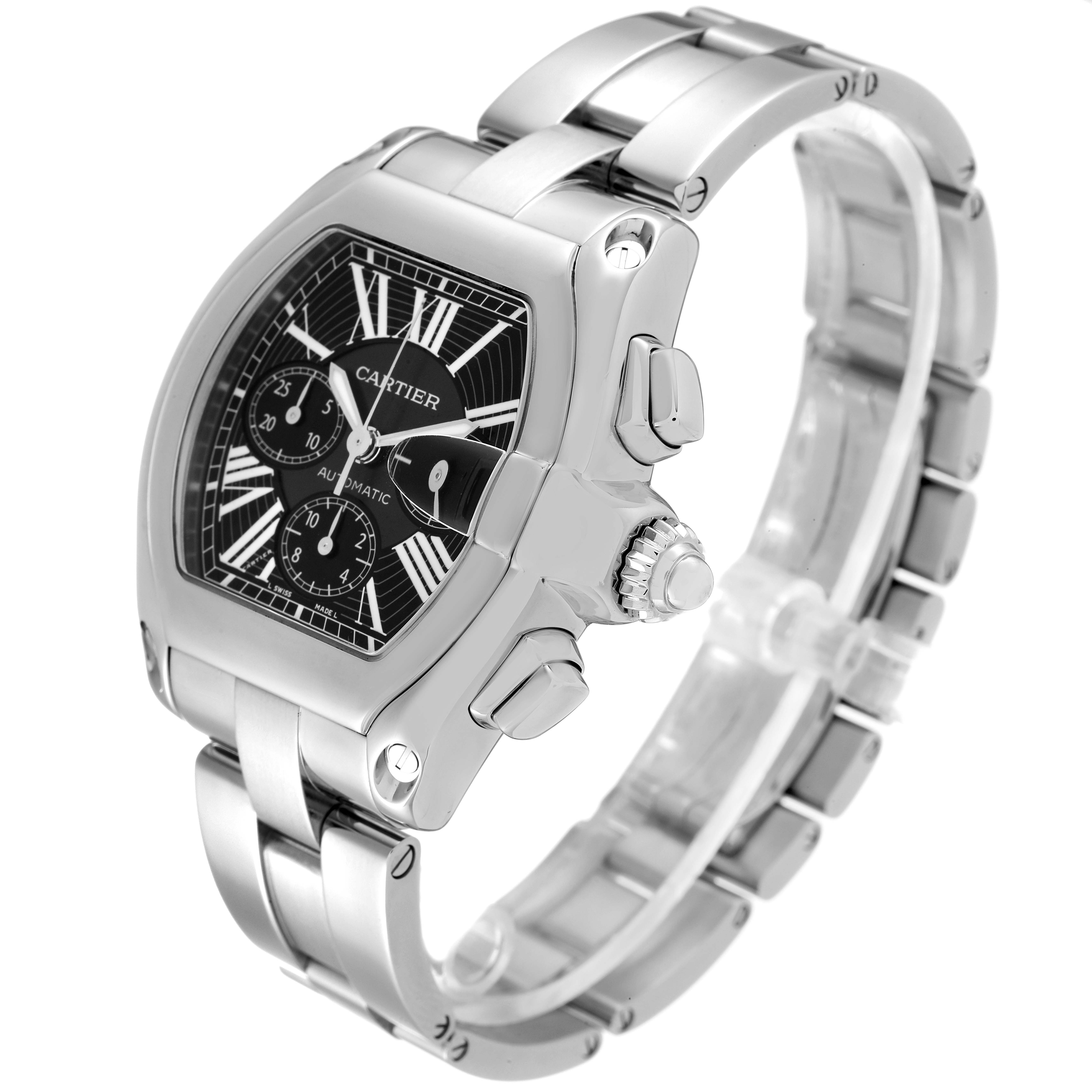The image shows a Cartier Roadster W62020X6 Men
s Stainless Steel Black Dial W62020X6 Men
s Stainless Steel Black Dial watch at an angle revealing its face, bezel, crown, and bracelet.