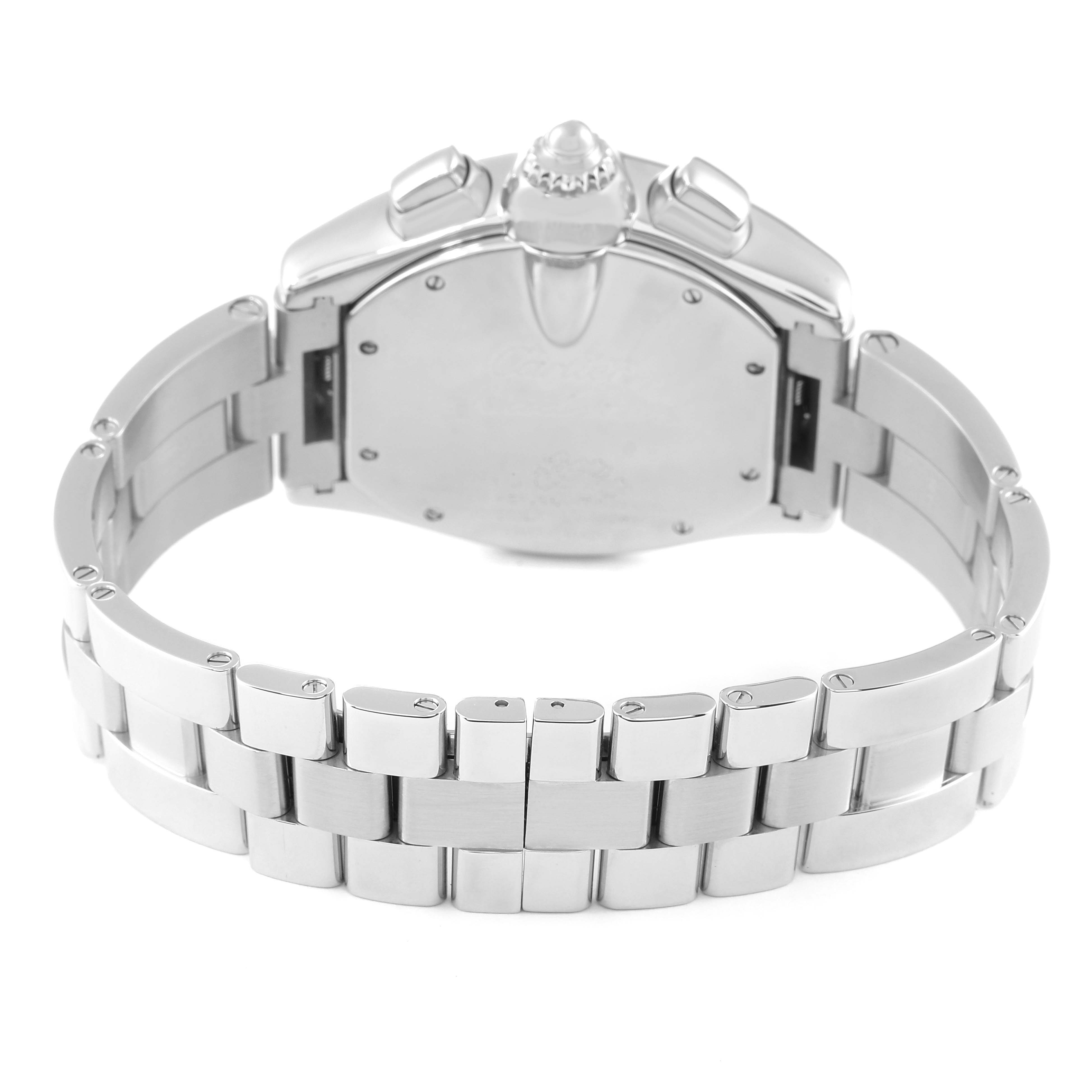 The image shows the back view of the Cartier Roadster W62020X6 Men
s Stainless Steel Black Dial W62020X6 Men
s Stainless Steel Black Dial watch, focusing on the bracelet and case back.