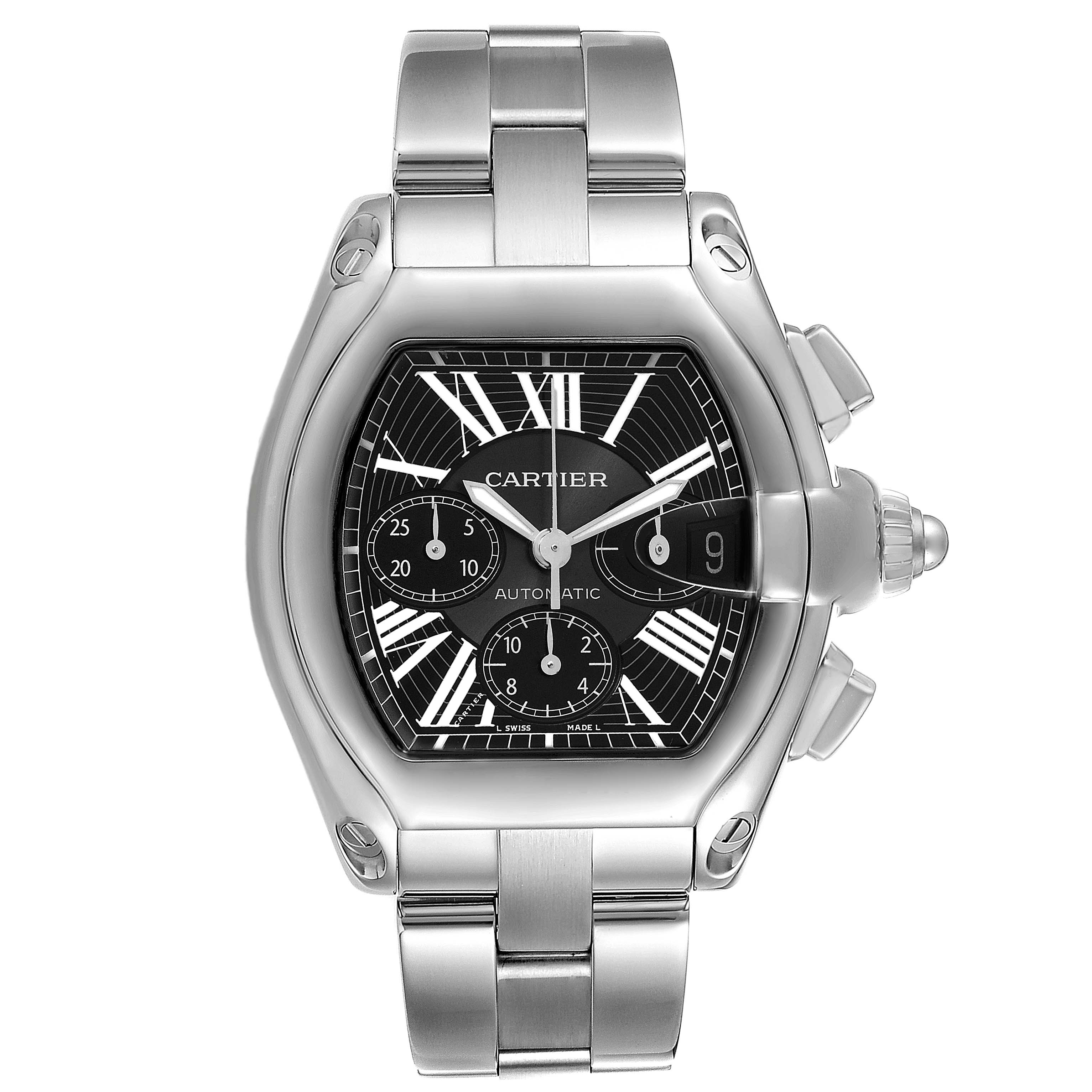 This image shows a frontal view of the Cartier Roadster W62020X6 Men
s Stainless Steel Black Dial W62020X6 Men
s Stainless Steel Black Dial watch, highlighting its face, bezel, and bracelet.
