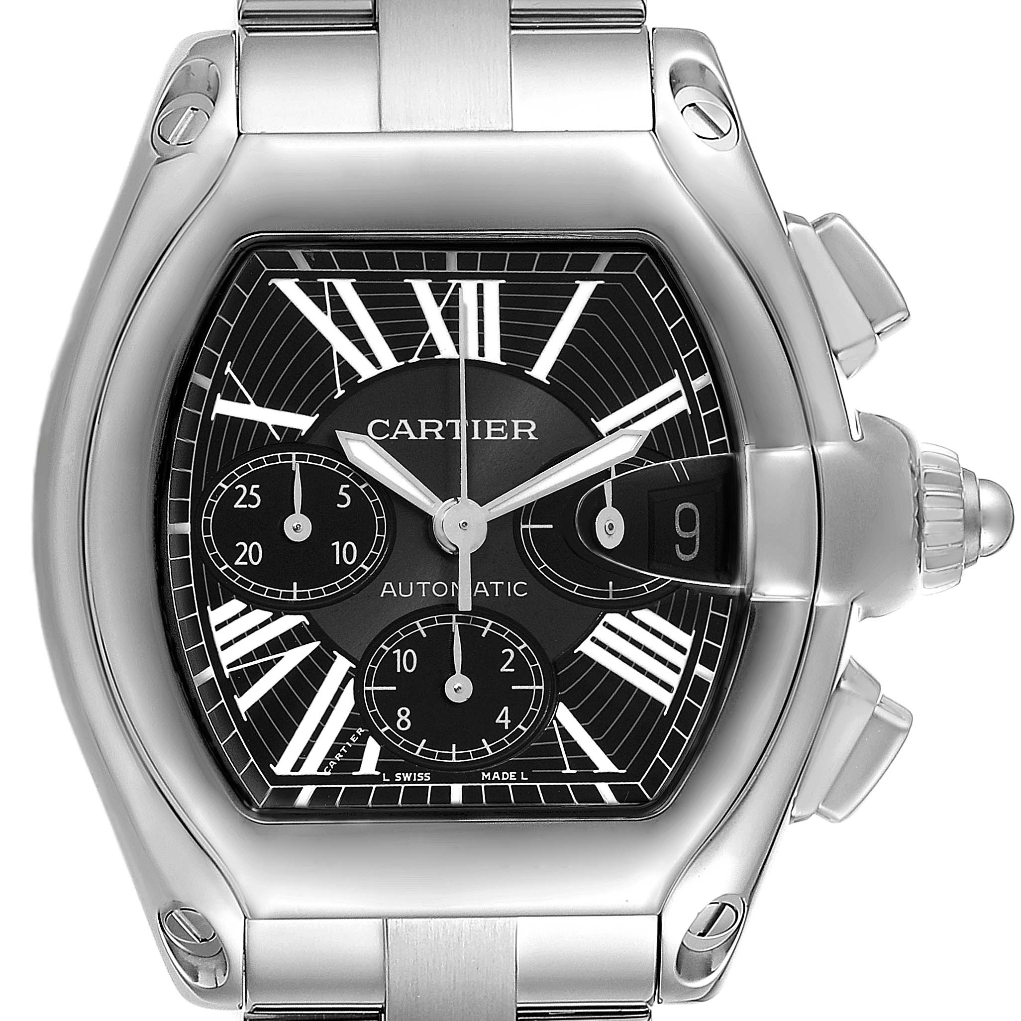 This image shows a close-up front view of the Cartier Roadster W62020X6 Men
s Stainless Steel Black Dial W62020X6 Men
s Stainless Steel Black Dial watch, highlighting its dial and crown.