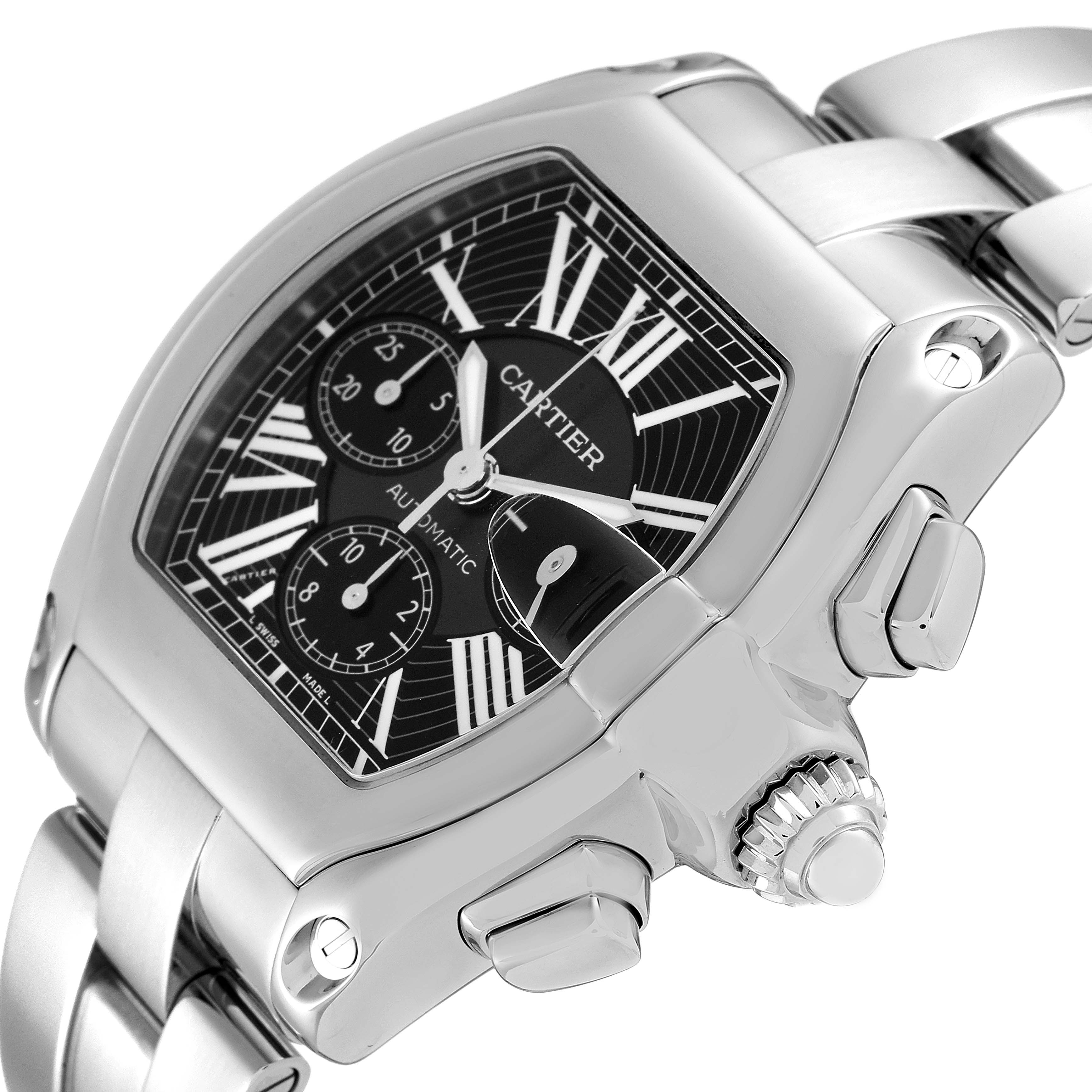 This image shows a close-up side angle of the Cartier Roadster W62020X6 Men
s Stainless Steel Black Dial W62020X6 Men
s Stainless Steel Black Dial model watch, highlighting the dial, crown, and chronograph pushers.