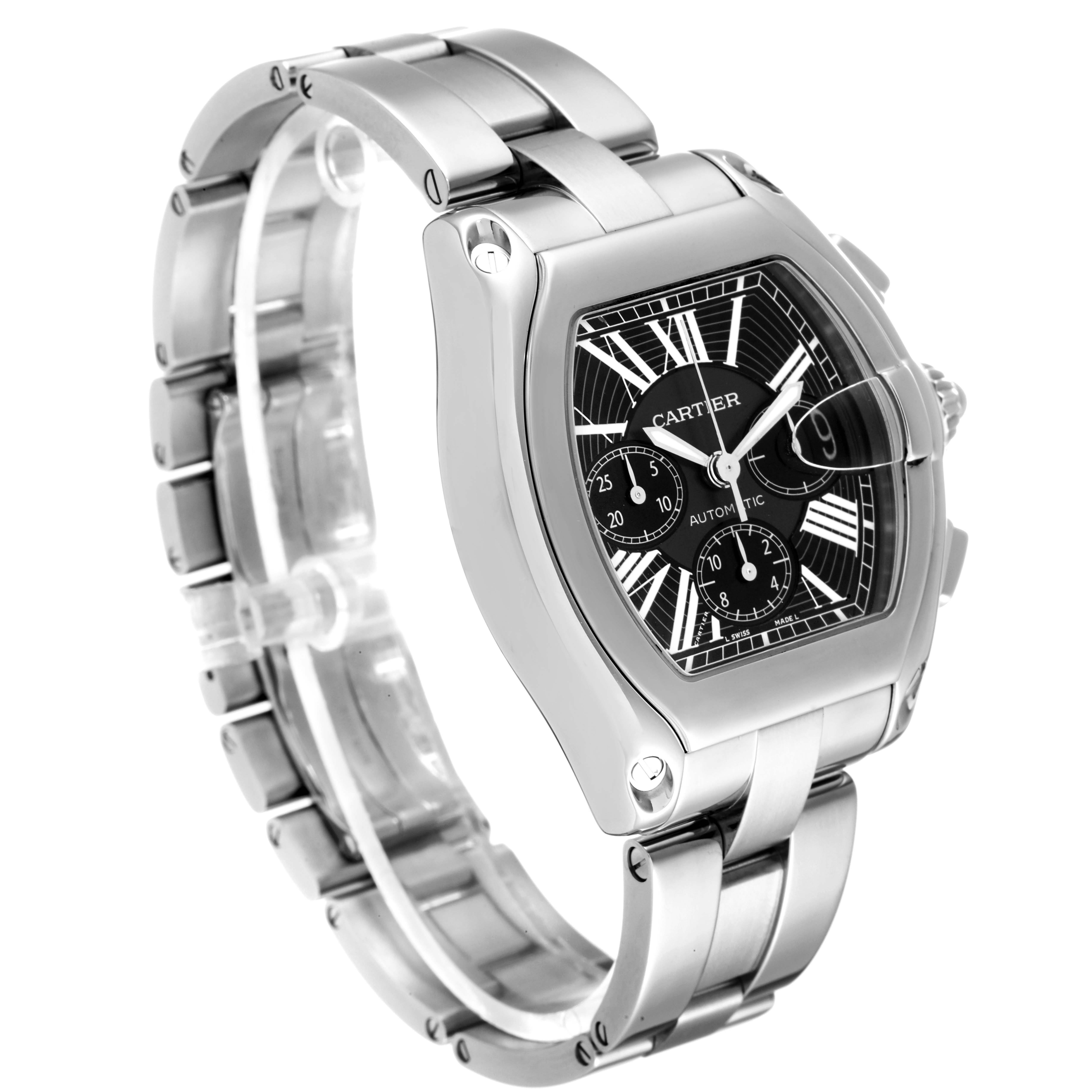 The image shows a Cartier Roadster W62020X6 Men
s Stainless Steel Black Dial W62020X6 Men
s Stainless Steel Black Dial watch angled to display the face, bracelet, and side detail.