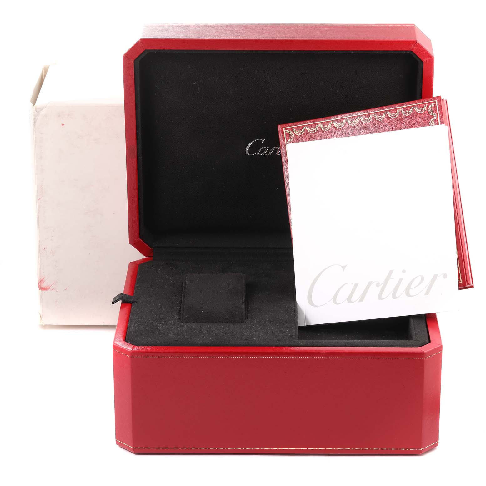 The image shows a Cartier Roadster W62020X6 Men
s Stainless Steel Black Dial W62020X6 Men
s Stainless Steel Black Dial watch box with its instruction manual, photographed from the front.