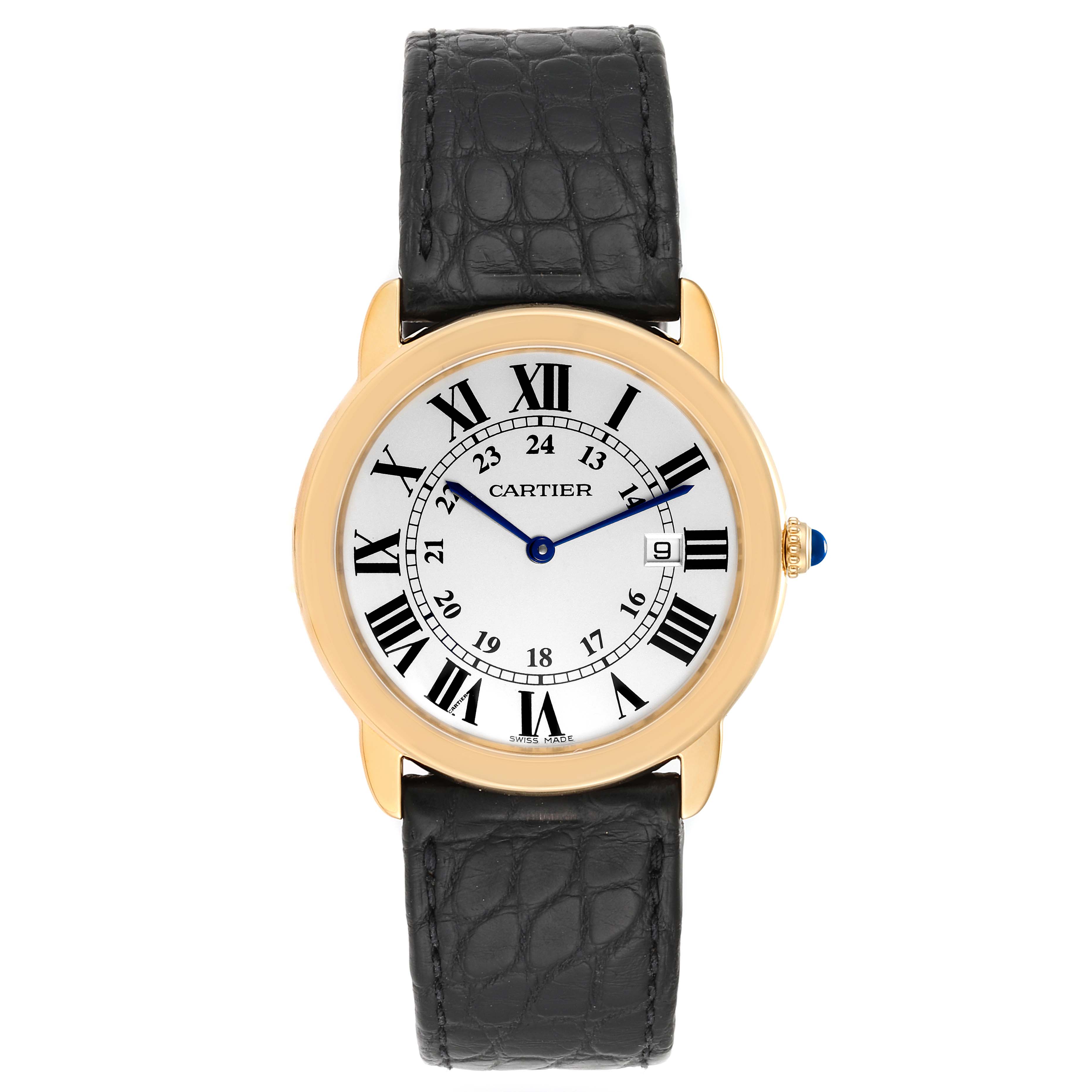 The Cartier Ronde W6700455 Women
s Yellow Gold Silver Dial W6700455 Women
s Yellow Gold Silver Dial model watch is shown from the front with its face, black leather strap, and gold casing visible.