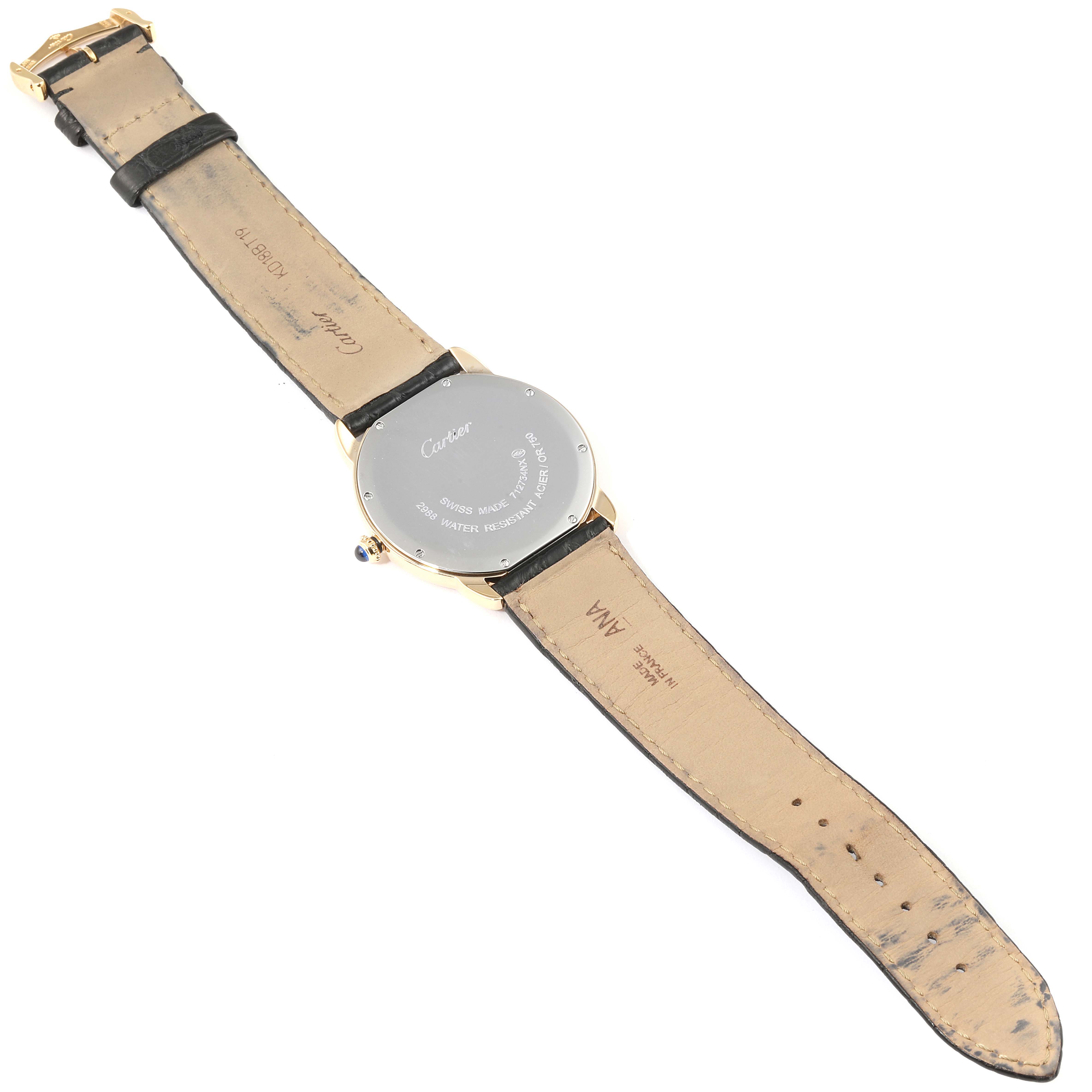 This image shows the back view of the Cartier Ronde W6700455 Women
s Yellow Gold Silver Dial W6700455 Women
s Yellow Gold Silver Dial watch, displaying its case back and leather strap.