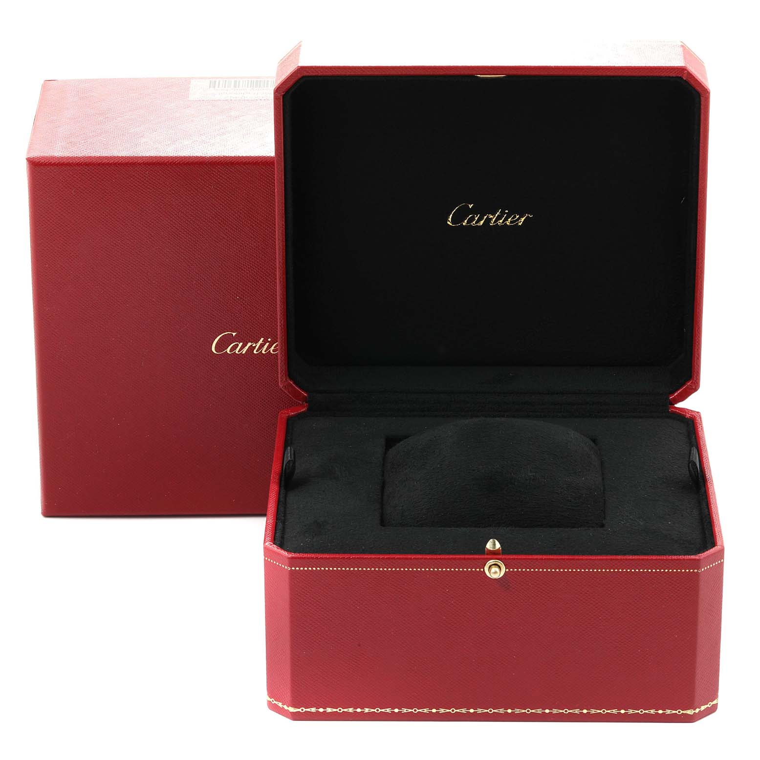 The image shows a red Cartier watch box for the Ronde model, with the box open and its interior visible.