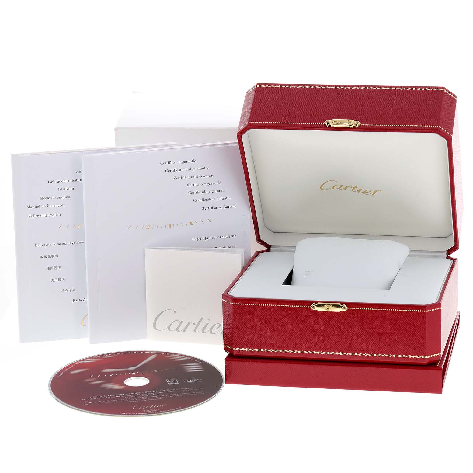 The image shows an open Cartier Rotonde W1556202 Men's White Gold Silver Dial W1556202 Men's White Gold Silver Dial watch box with user manuals and a CD from a front angle.