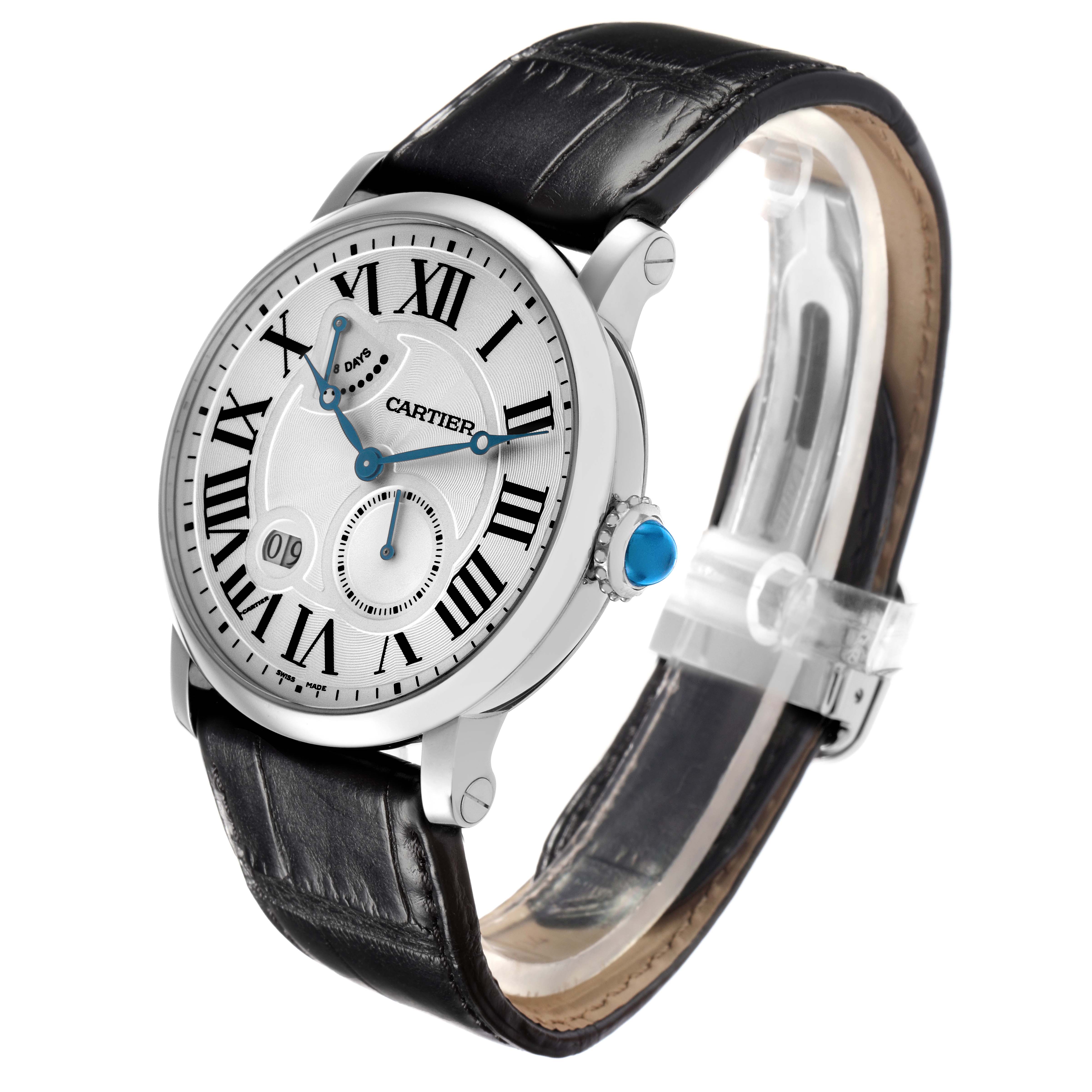 The Cartier Rotonde model W1556202 watch is shown at an angled view, highlighting the face, Roman numerals, leather strap, and side crown.