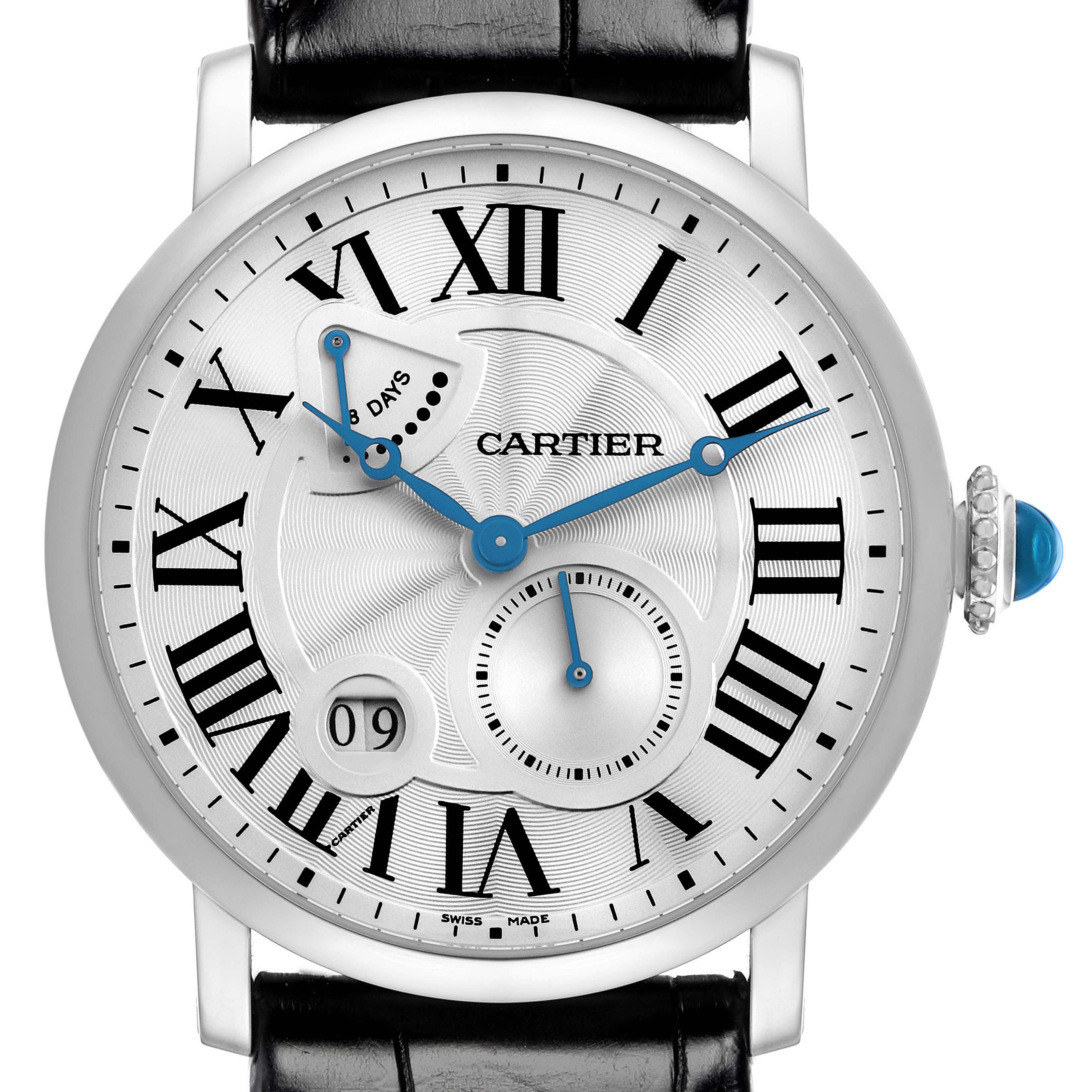 The Cartier Rotonde model W1556202 men's watch is shown from the front, highlighting the dial with Roman numerals, sub-dial, date window, and crown detail.