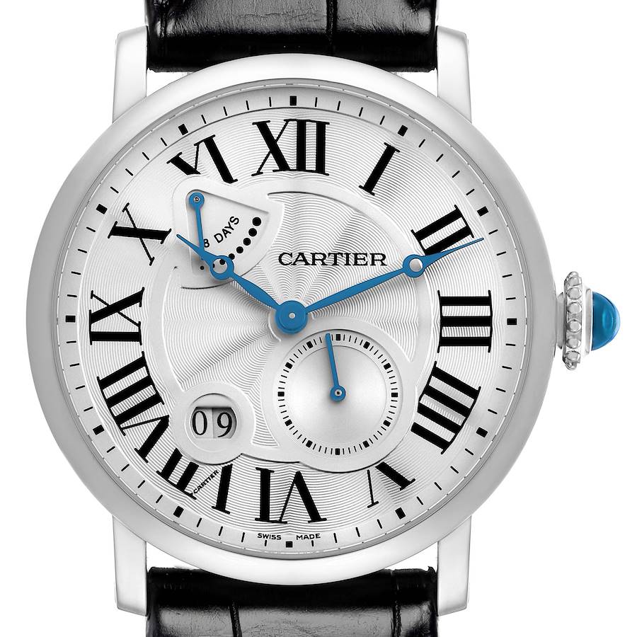 The Cartier Rotonde model W1556202 men
s watch is shown from the front, highlighting the dial with Roman numerals, sub-dial, date window, and crown detail.