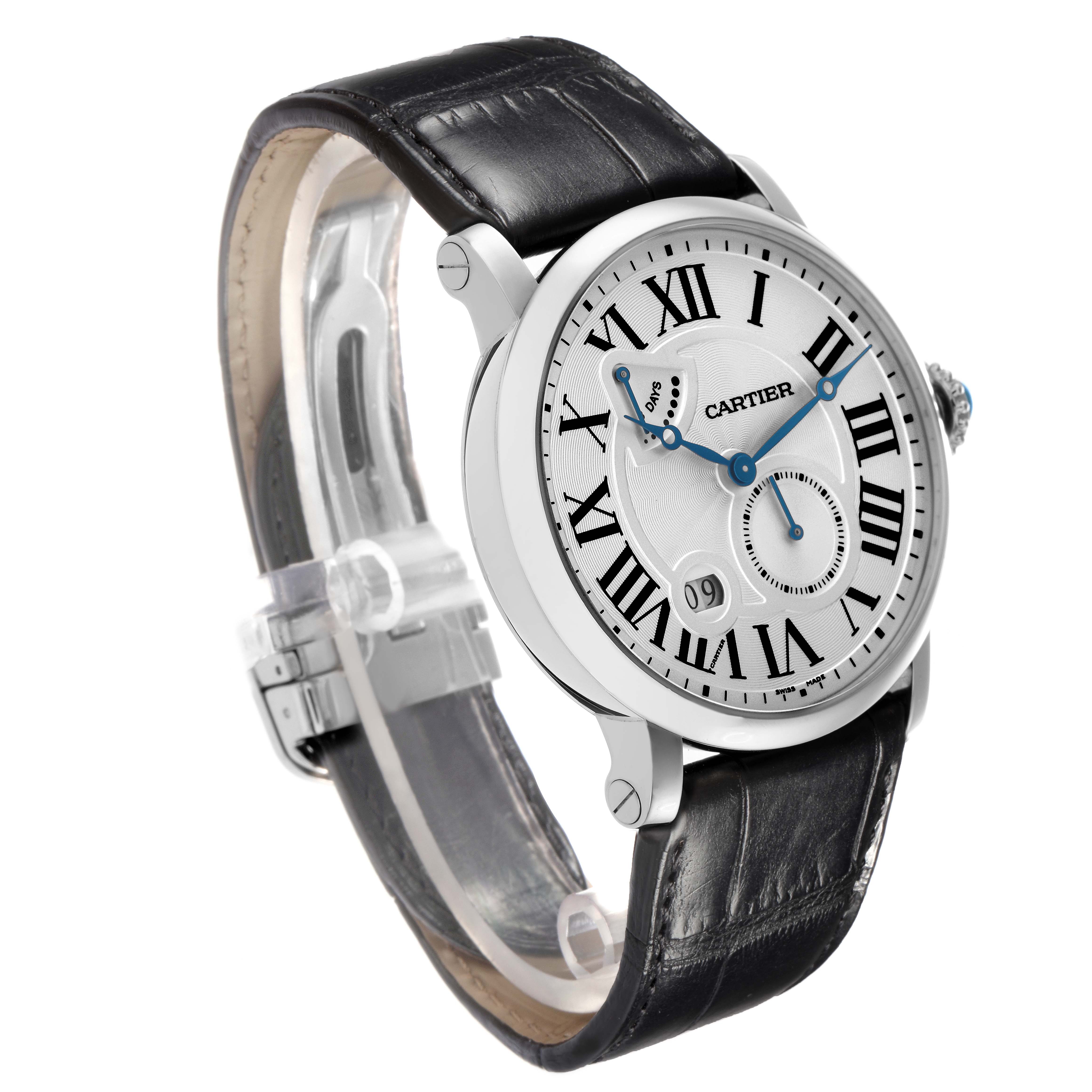 The Cartier Rotonde W1556202 men's watch is shown at a three-quarter angle, highlighting its face, Roman numerals, sub-dials, and black leather strap.