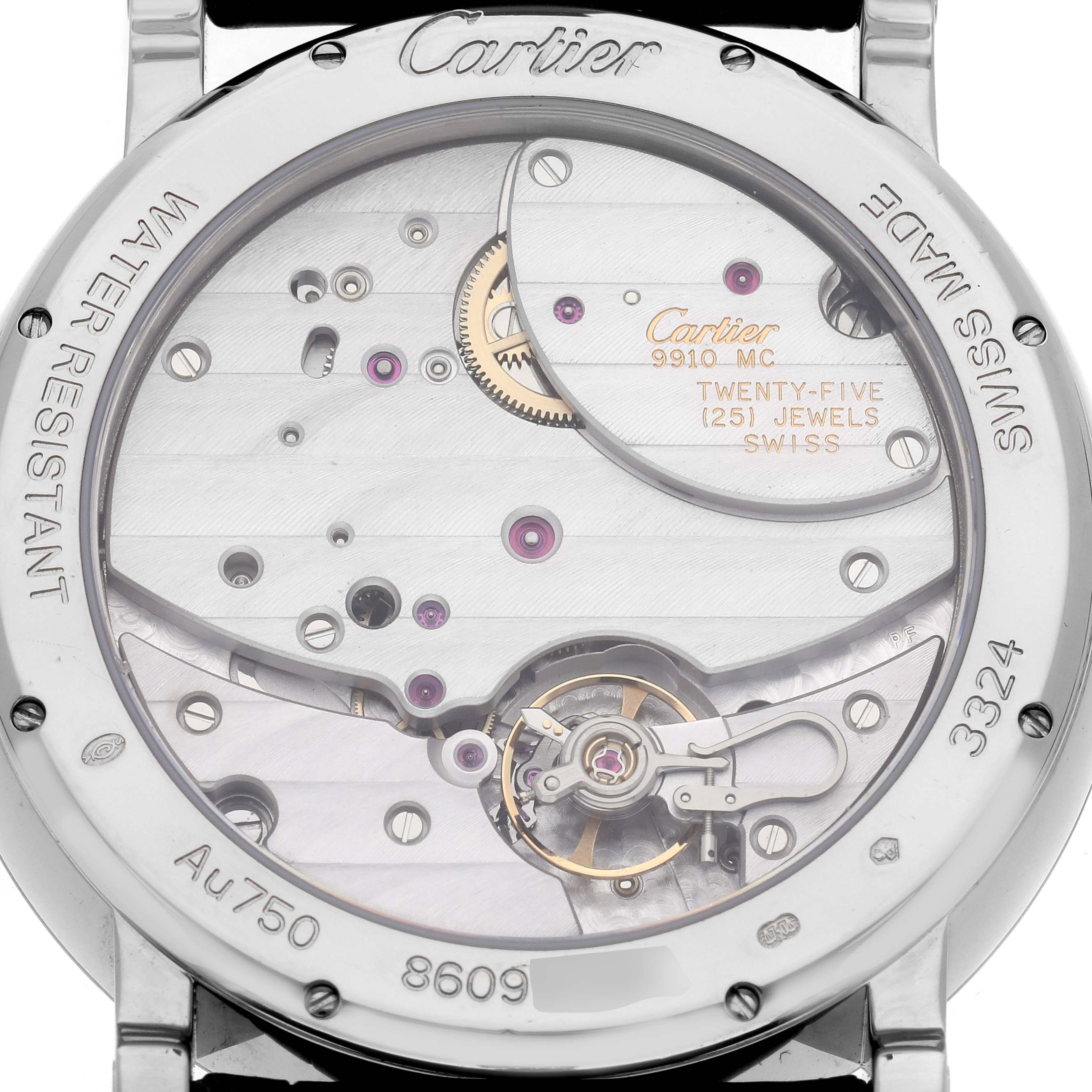 The image shows the back view of the Cartier Rotonde model number W1556202, highlighting the movement details and water resistance marking.