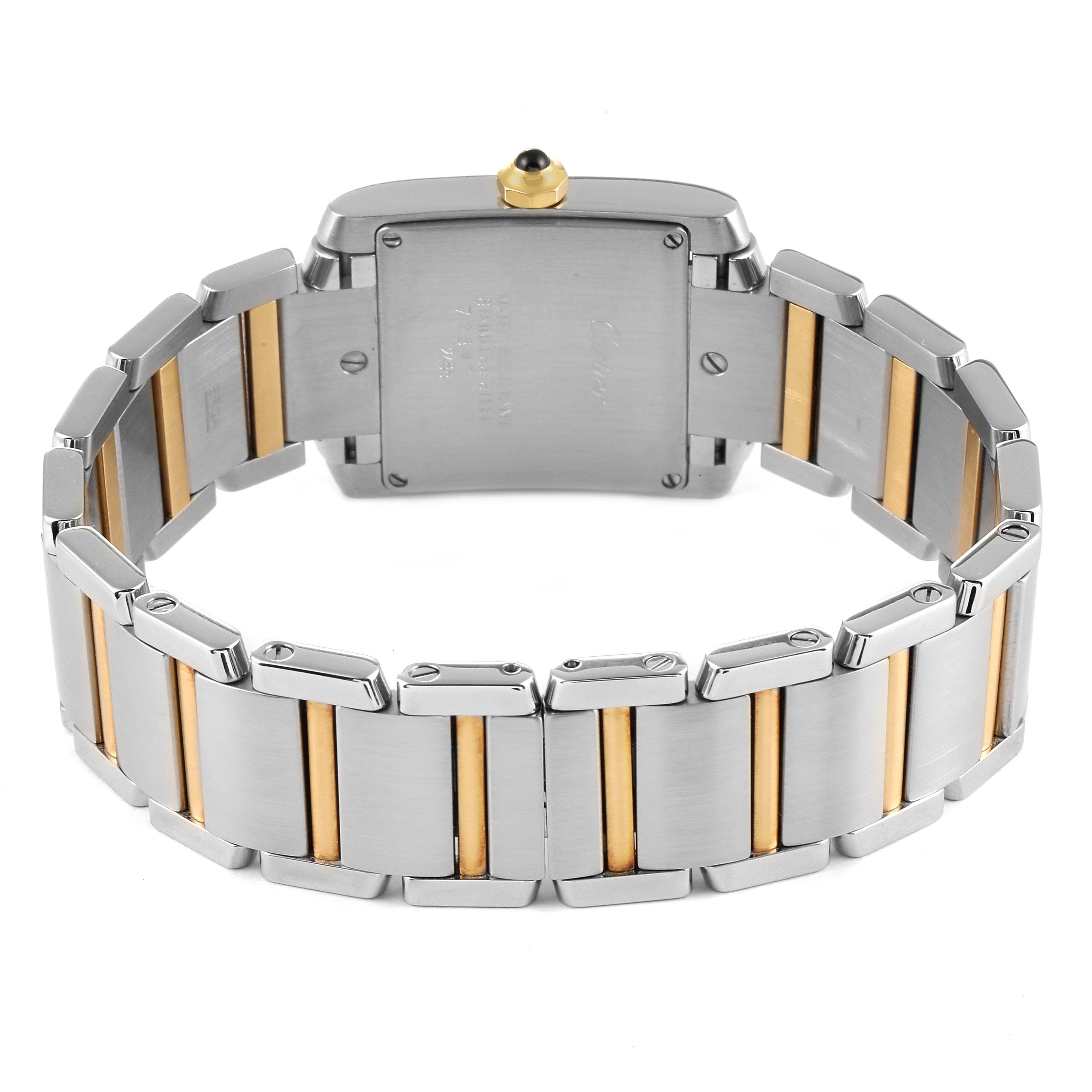 This image shows the back view of the Cartier Tank Francaise W51012Q4 Women's Steel and Gold (two tone) Silver Dial W51012Q4 Women's Steel and Gold (two tone) Silver Dial watch, highlighting the case back and bracelet links.
