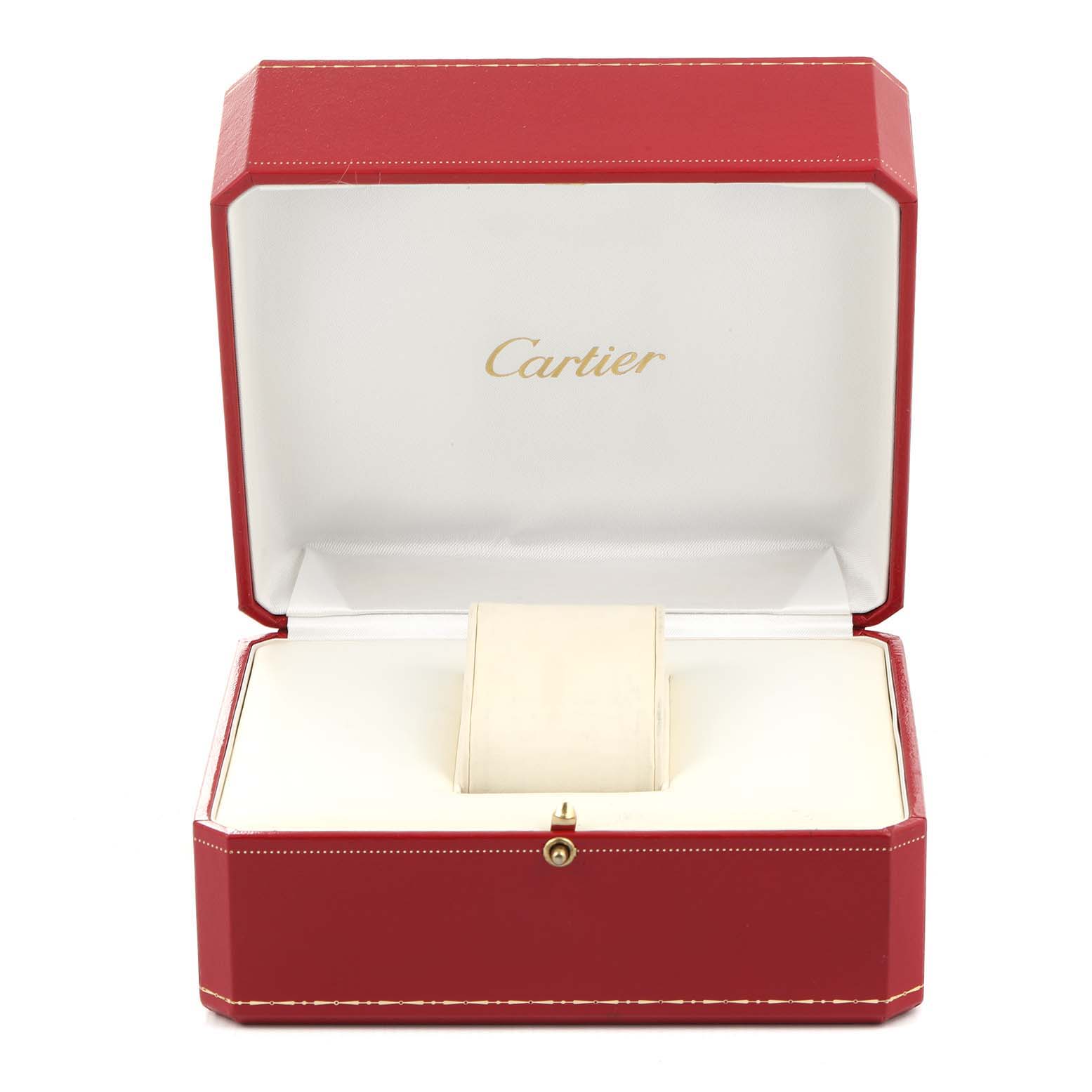 The image shows an open red Cartier box for the Tank Francaise model, with no watch visible inside.