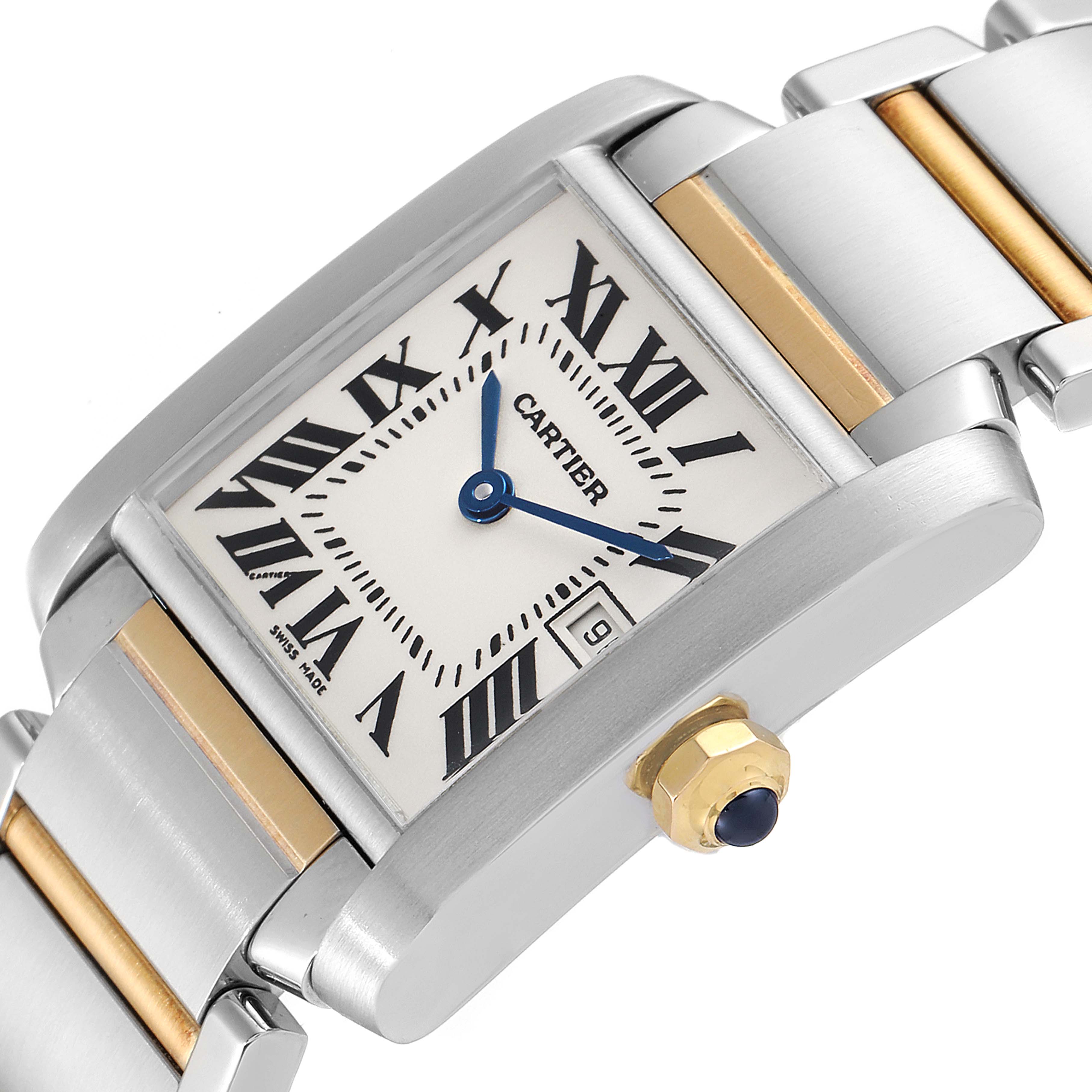 This image shows a Tank Française model by Cartier from an angled top-down view, highlighting the watch face, bracelet, and crown.