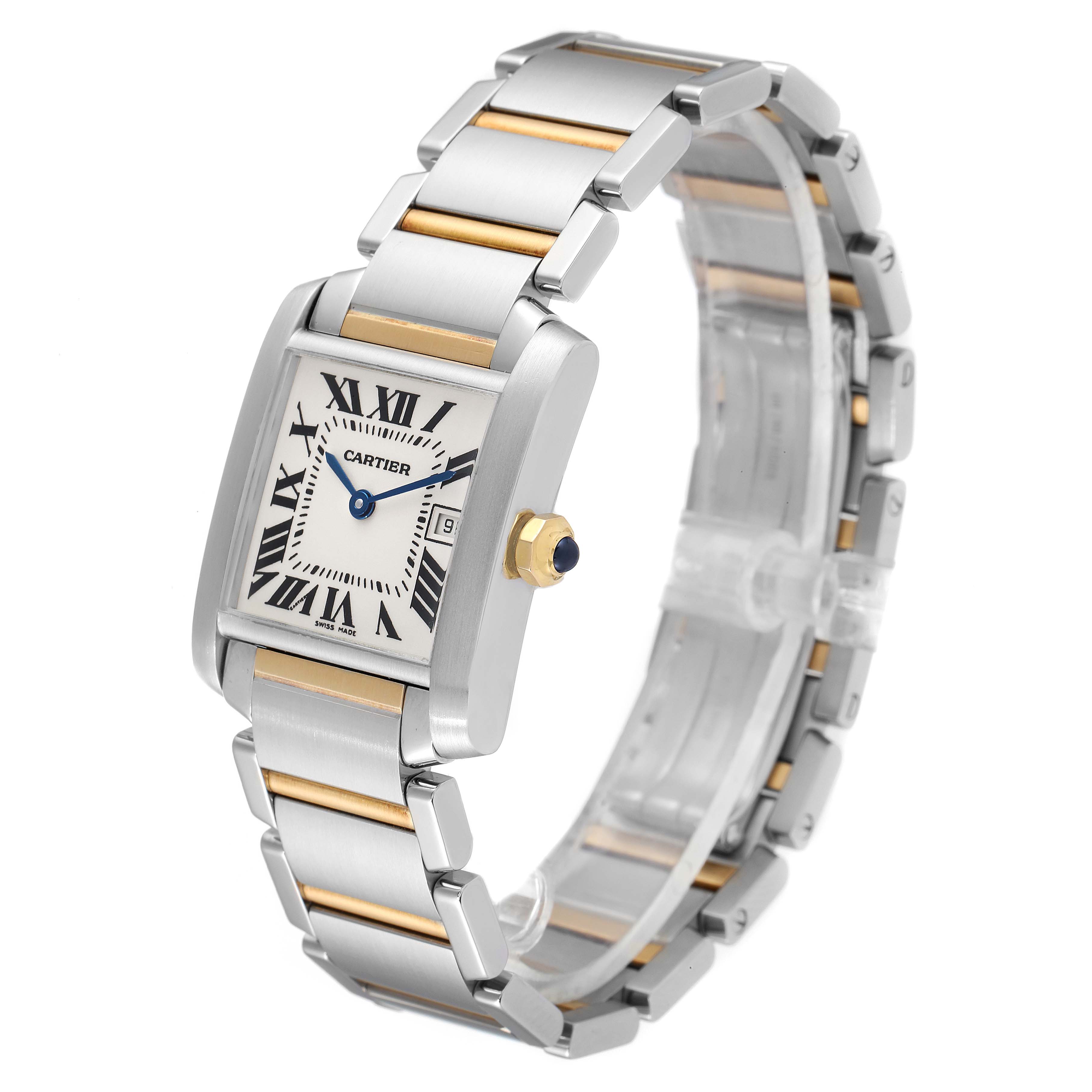 This image shows a Cartier Tank Francaise W51012Q4 Women's Steel and Gold (two tone) Silver Dial W51012Q4 Women's Steel and Gold (two tone) Silver Dial watch angled from the front-left, highlighting its face, bracelet, and crown.